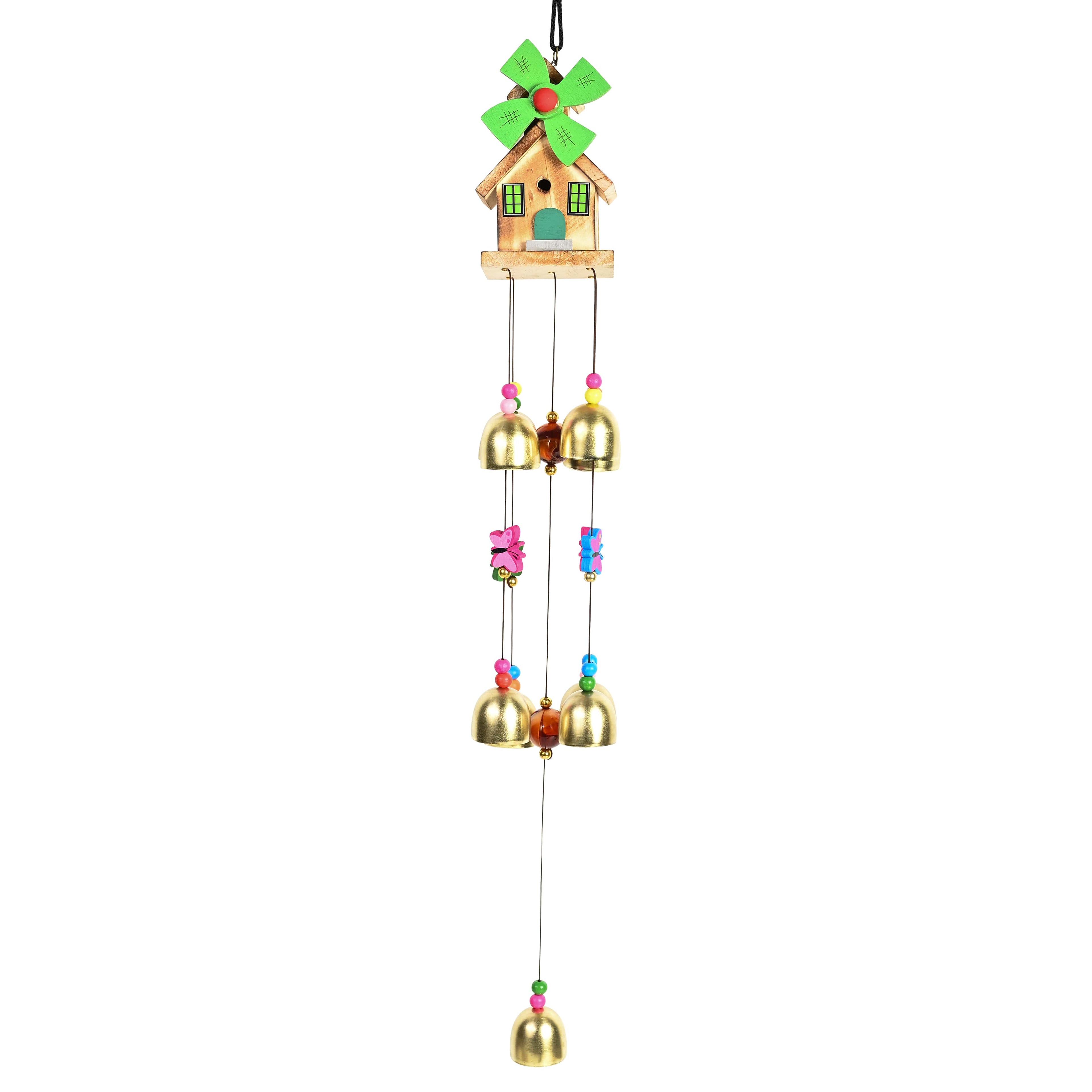 HindCraft Wooden House Wind Chime with 9 Brass Bells for Home Decor