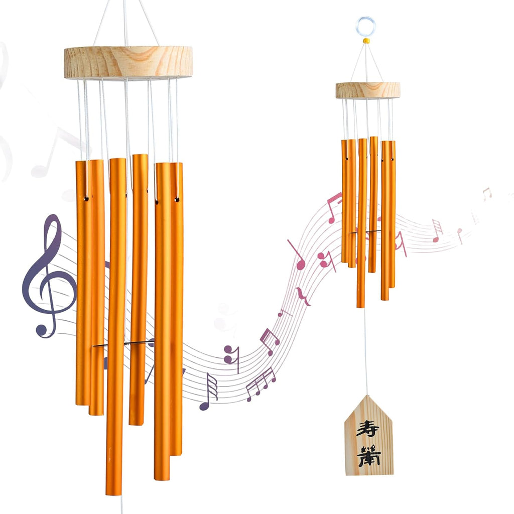HindCraft Golden Metal Wind Chime with Wooden Top for Home & Garden Decor
