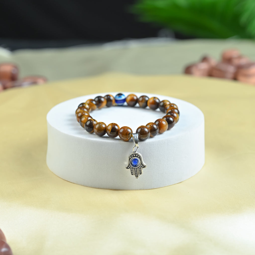 HindCraft Tiger Eye Evil Eye Bracelet with Hamsa Charm for Style