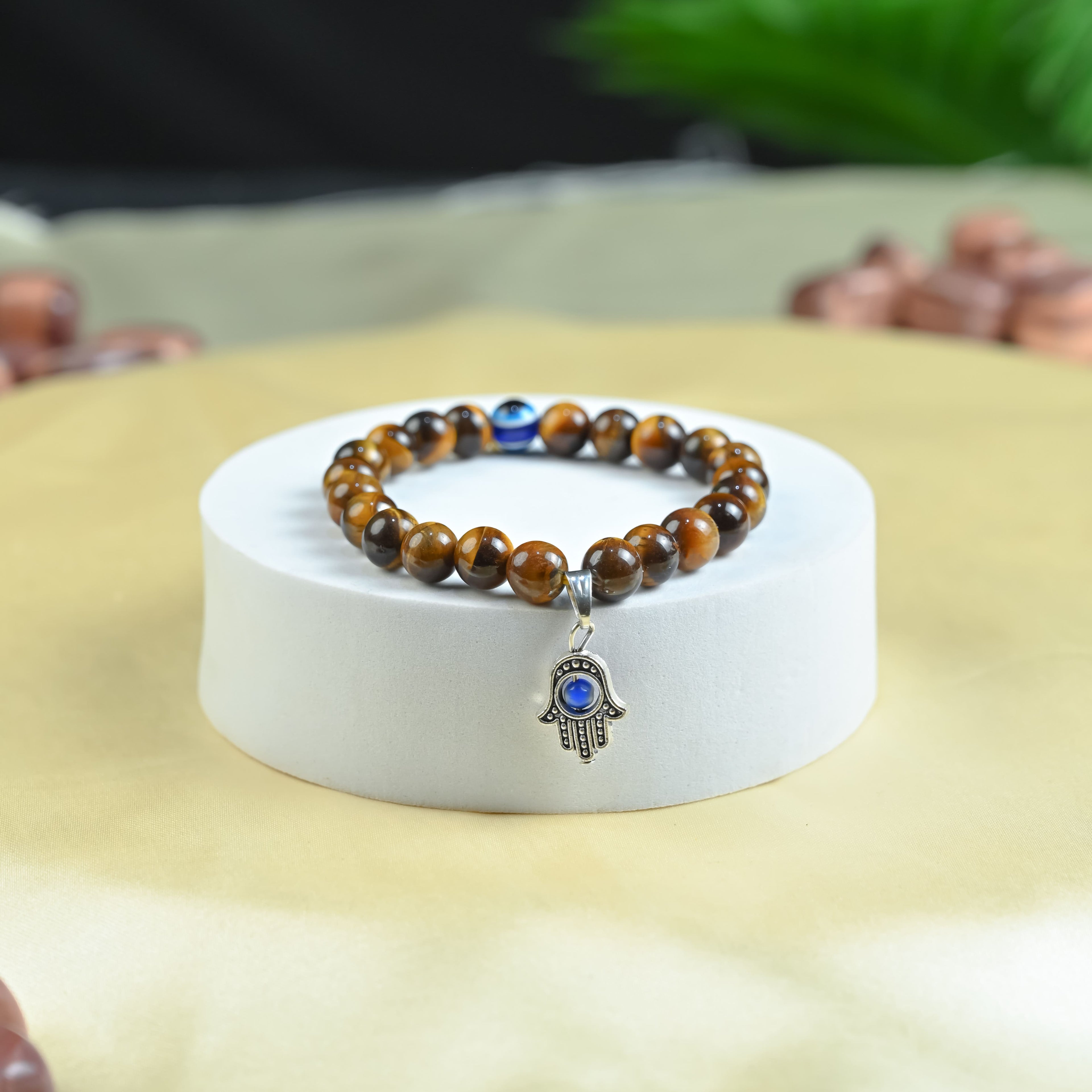 HindCraft Tiger Eye Evil Eye Bracelet with Hamsa Charm for Style