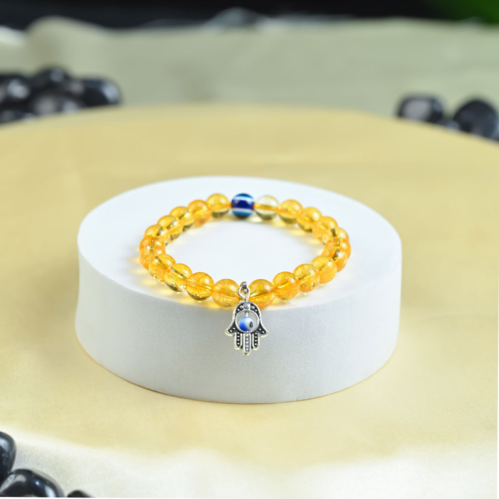 HindCraft Citrine Evil Eye Bracelet with Hamsa Charm for Prosperity