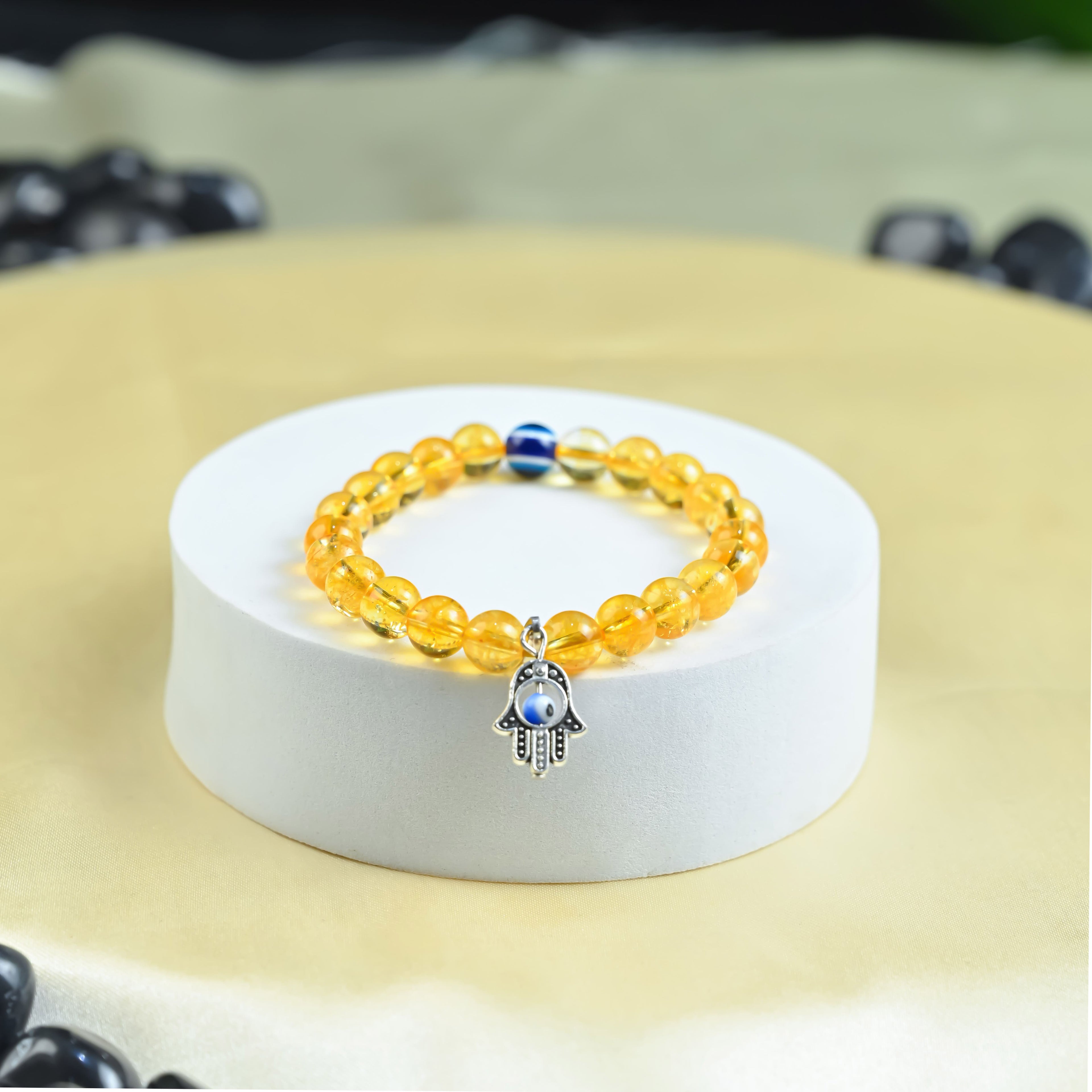 HindCraft Citrine Evil Eye Bracelet with Hamsa Charm for Prosperity