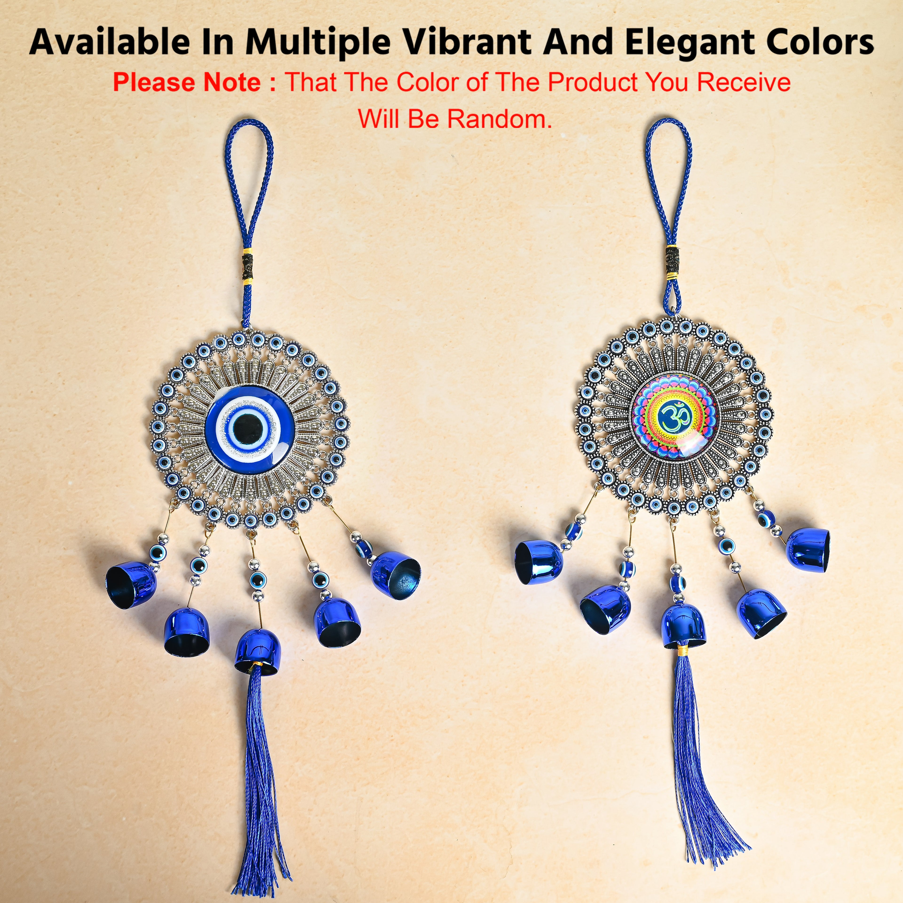 HindCraft Evil Eye Hanging Wall Decor with Blue Bells & Tassel | Turkish Nazar Protection Hanging Ornament for Home, Office, Door & Car