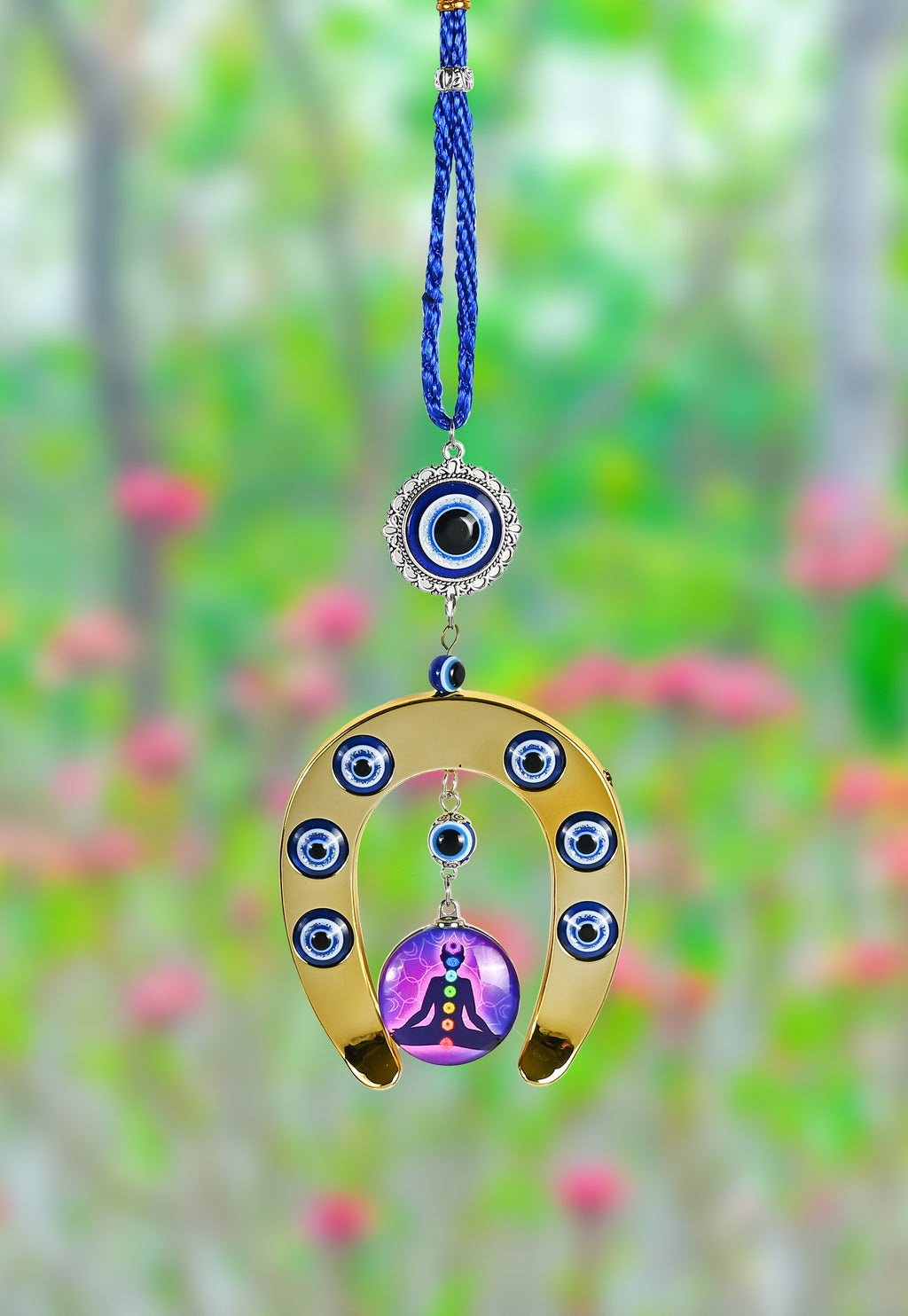 HindCraft Evil Eye Horseshoe Hanging with Chakra Meditation Pendant for Home Entrance, Wall, Door & Office Décor