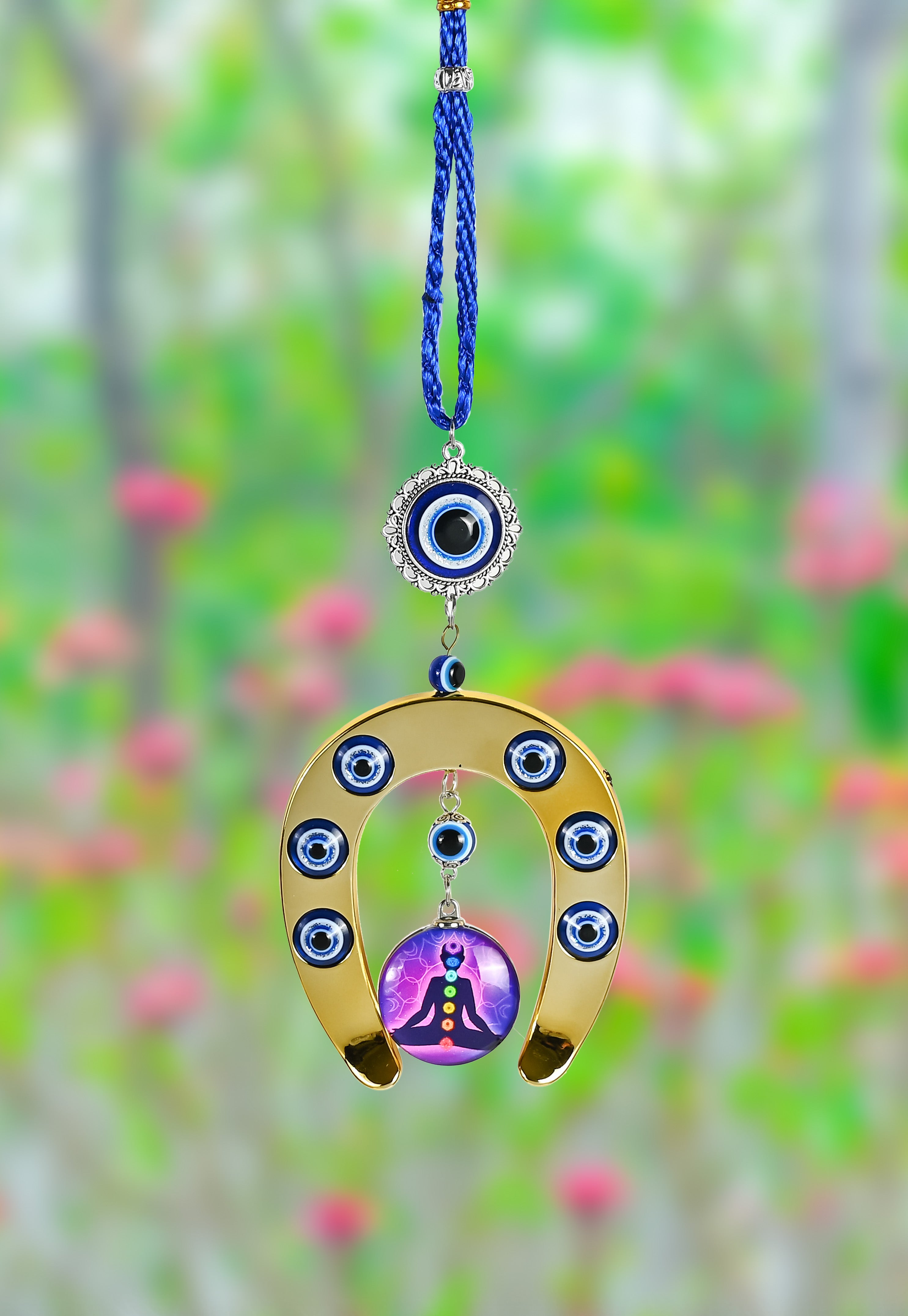 HindCraft Evil Eye Horseshoe Hanging with Chakra Meditation Pendant for Home Entrance, Wall, Door & Office Décor