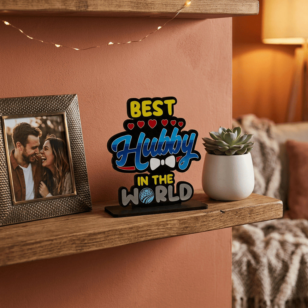 HindCraft Best Hubby in The World Wooden Table Top Showpiece | Husband Appreciation Gift | Romantic Home & Office Desk Décor