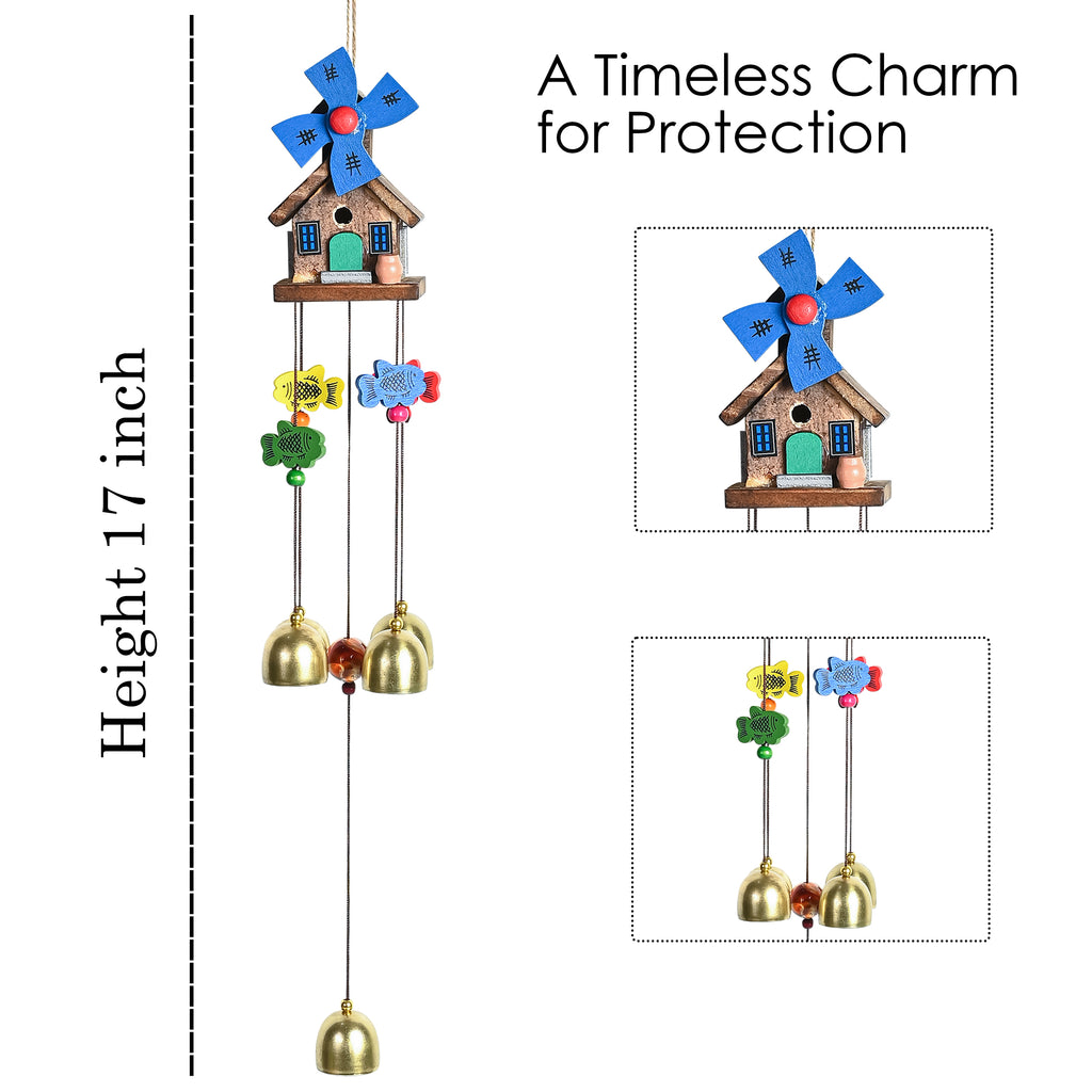 HindCraft Wooden House Wind Chime with Brass Bells for Home Decor