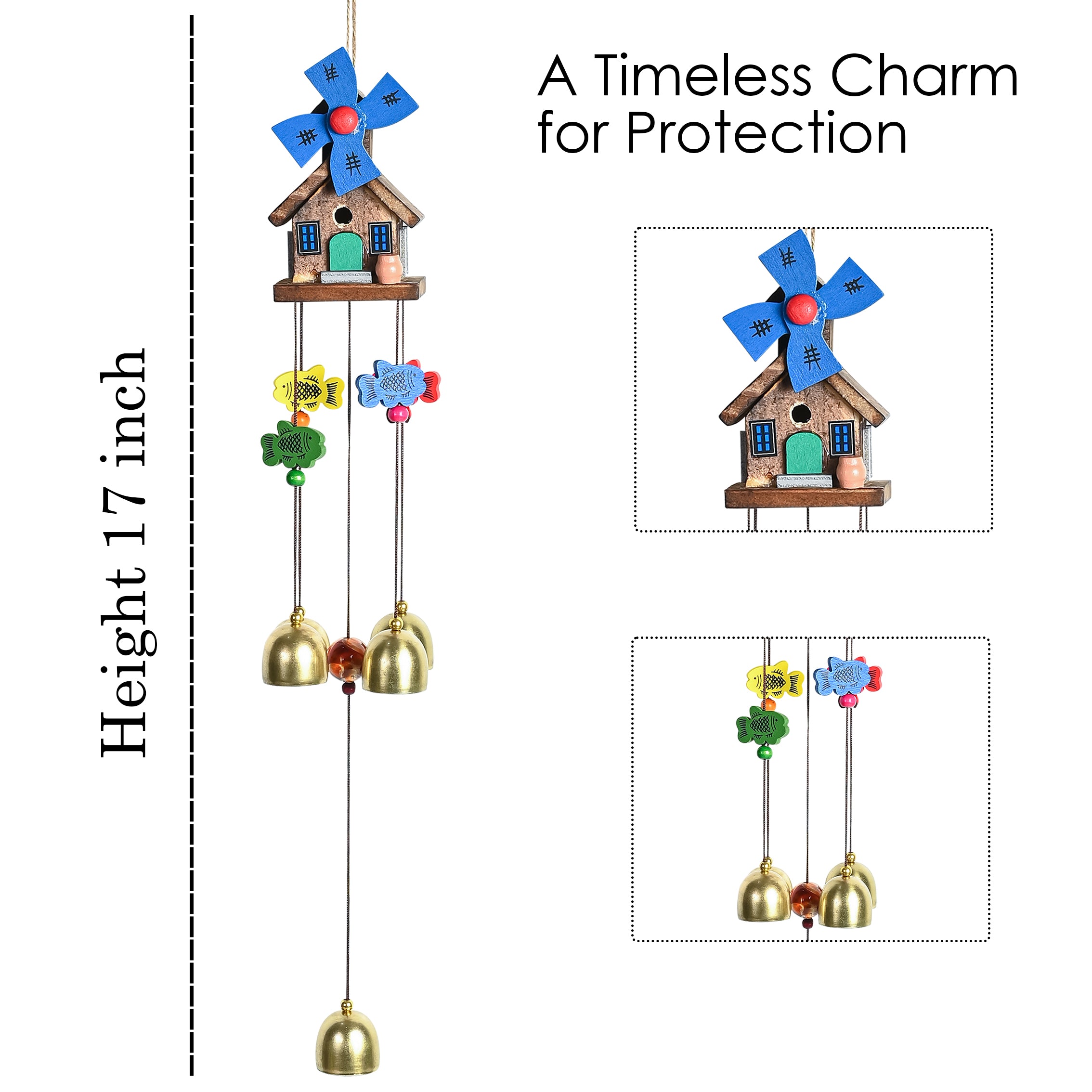 HindCraft Wooden House Wind Chime with Brass Bells for Home Decor