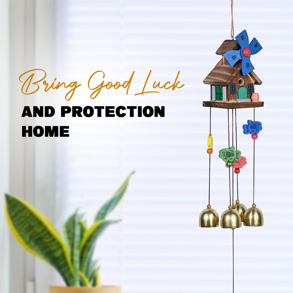 HindCraft Wooden House Wind Chime with Brass Bells for Home Decor