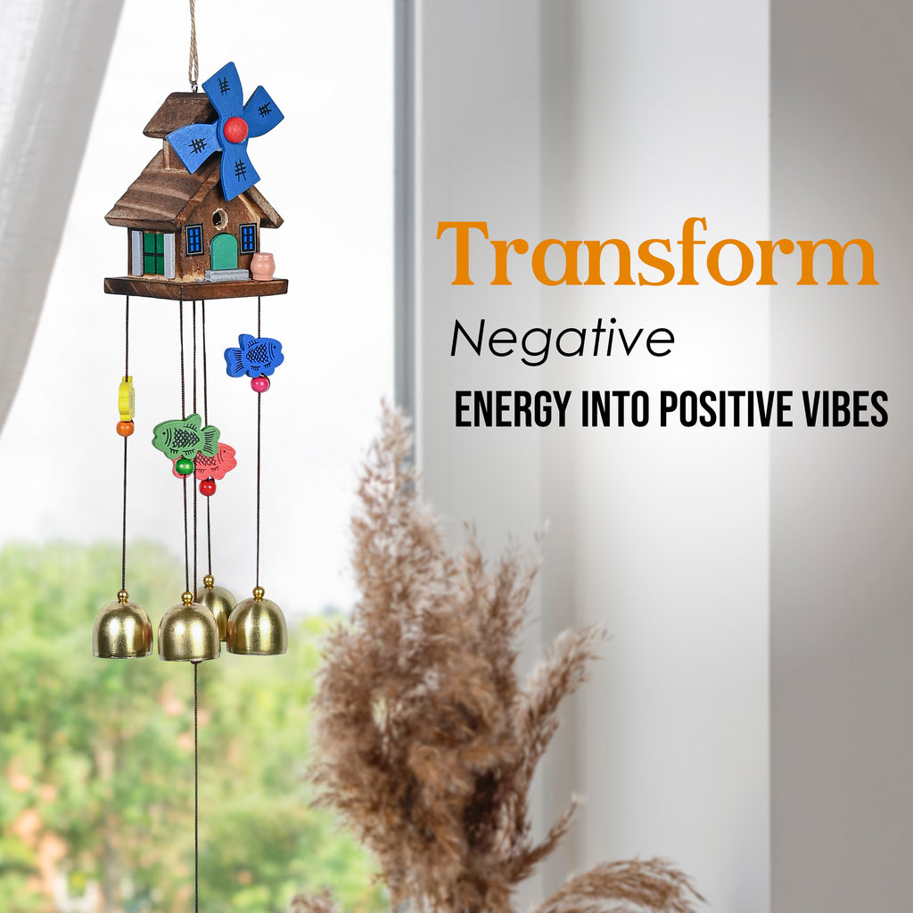 HindCraft Wooden House Wind Chime with Brass Bells for Home Decor