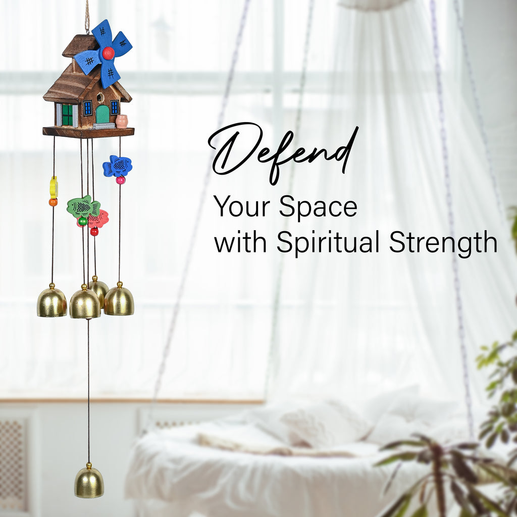 HindCraft Wooden House Wind Chime with Brass Bells for Home Decor