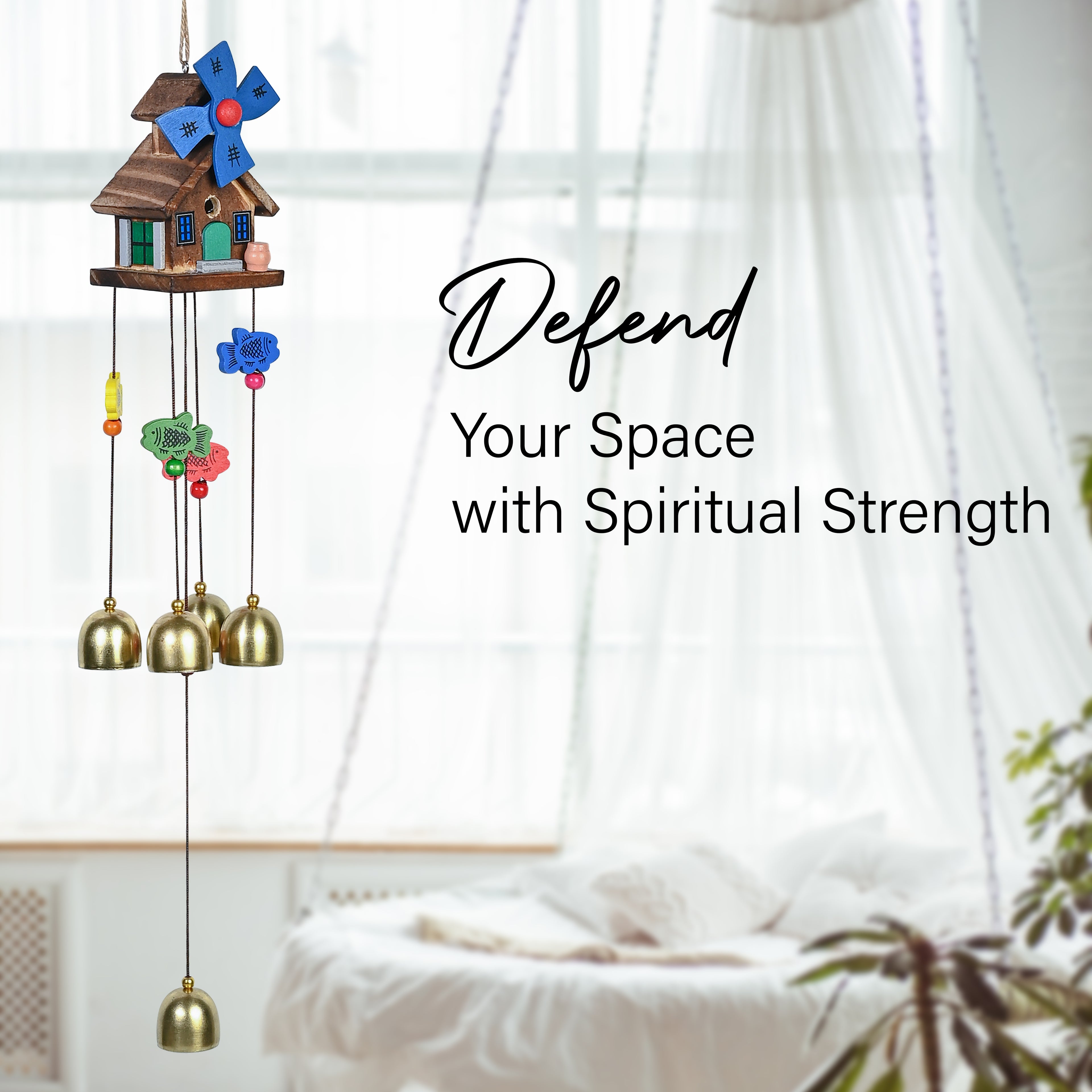 HindCraft Wooden House Wind Chime with Brass Bells for Home Decor