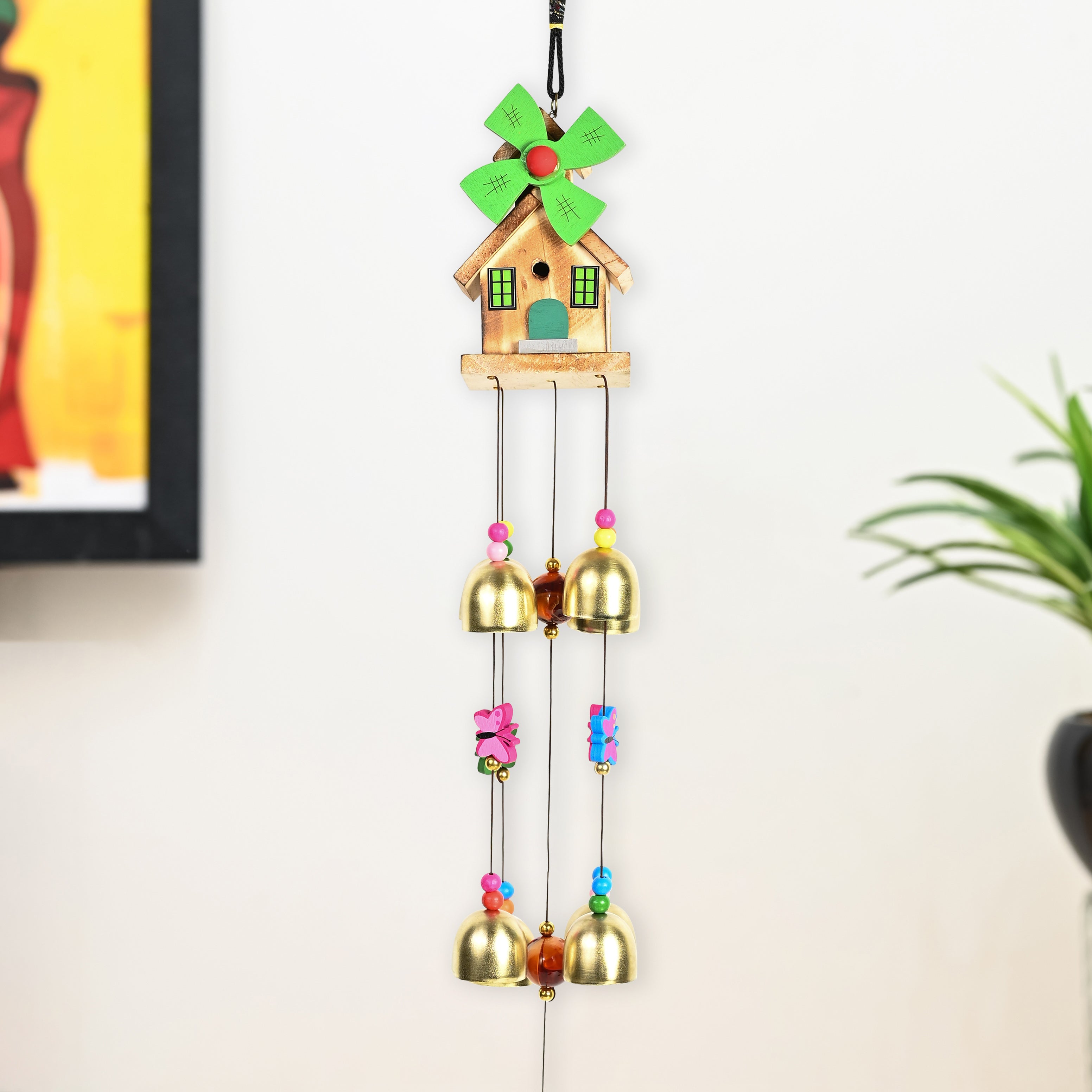 HindCraft Wooden House Wind Chime with 9 Brass Bells for Home Decor