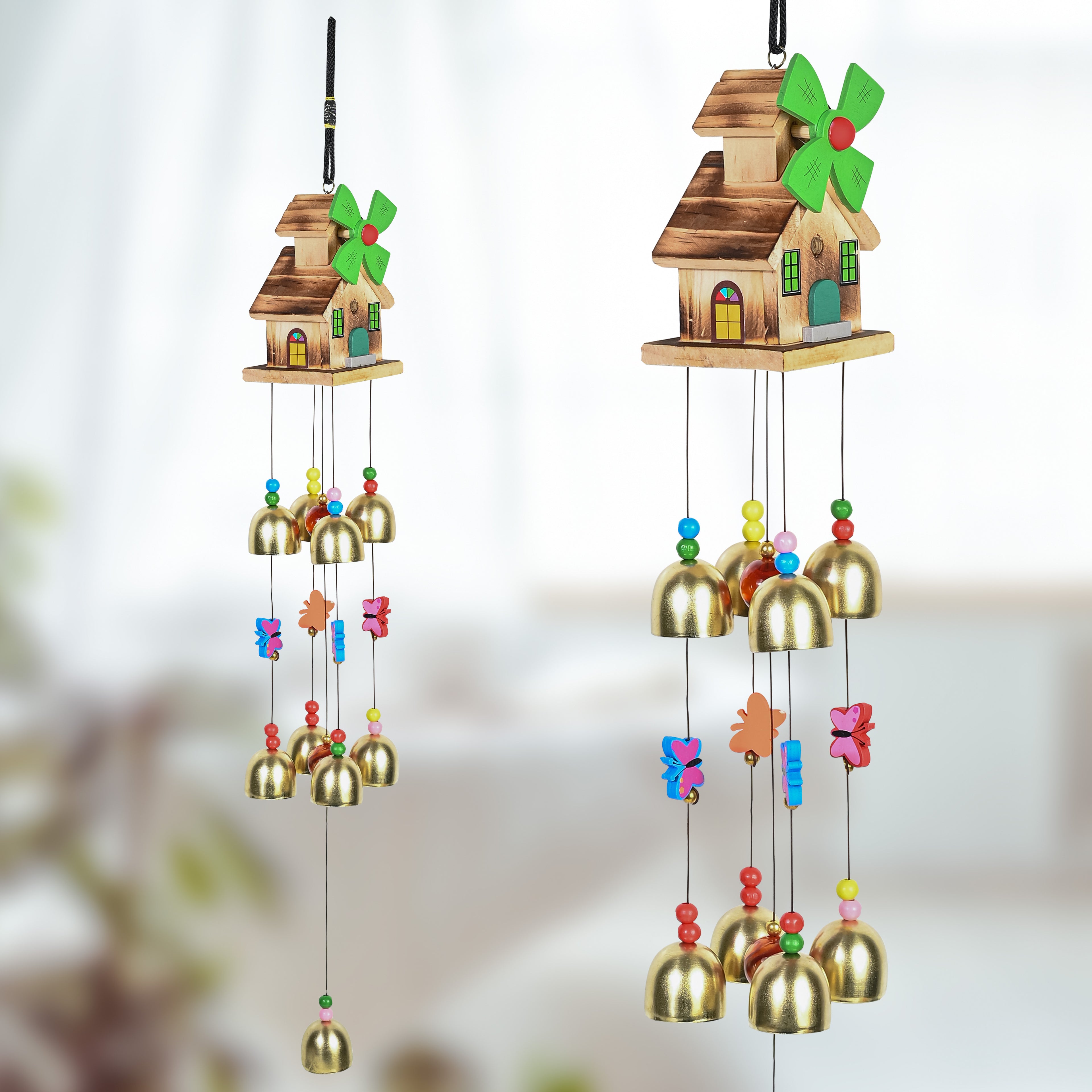 HindCraft Wooden House Wind Chime with 9 Brass Bells for Home Decor