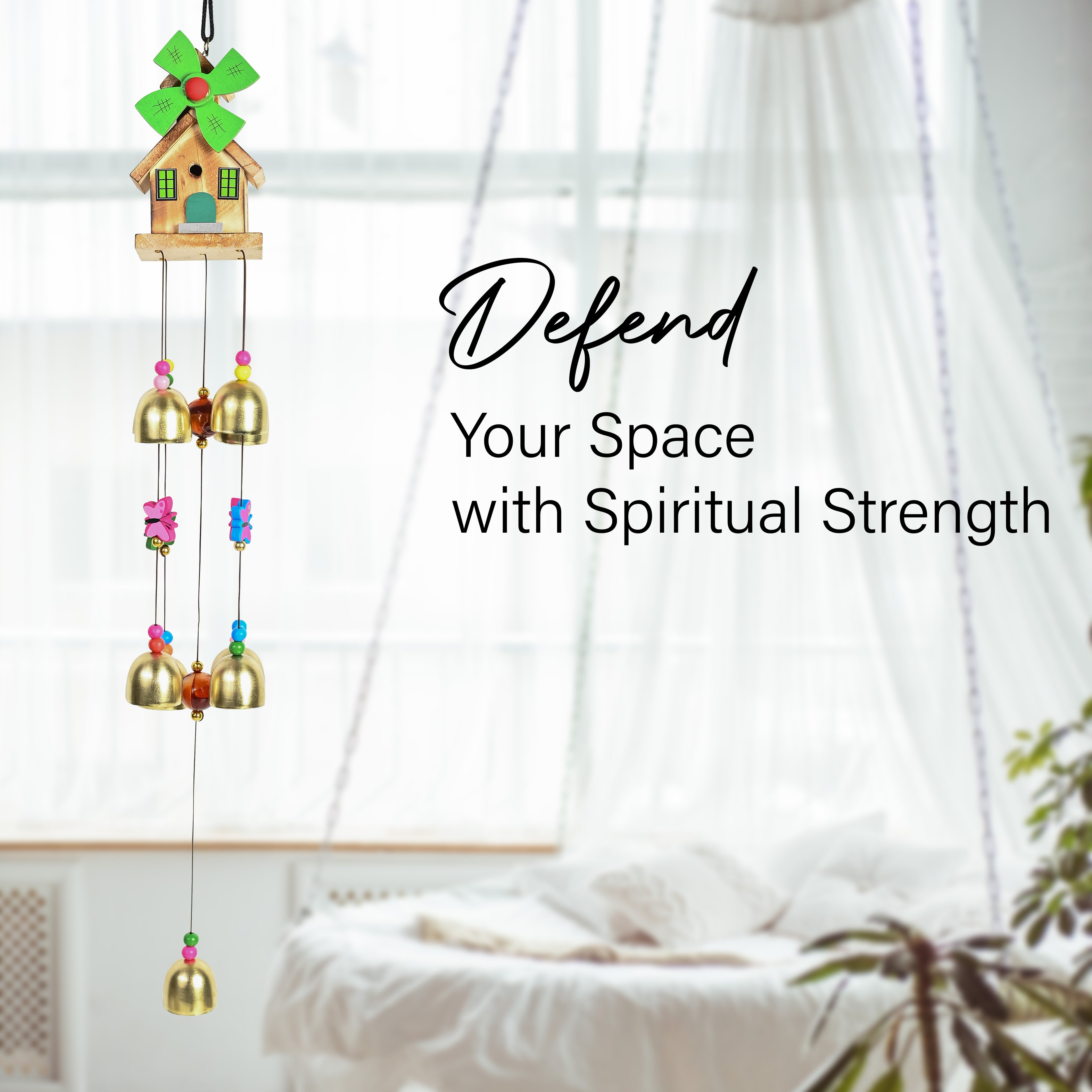 HindCraft Wooden House Wind Chime with 9 Brass Bells for Home Decor