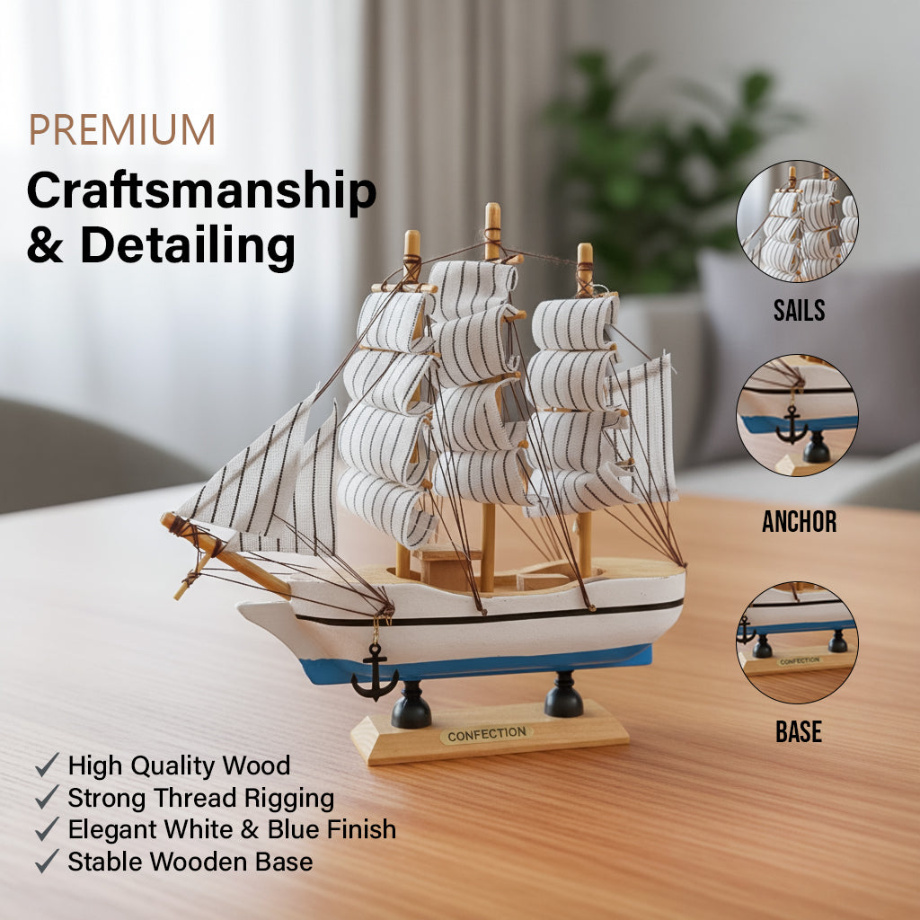 HindCraft Handmade Wooden Sailing Ship Model | Decorative Nautical Boat Showpiece for Home, Office Desk & Living Room Décor