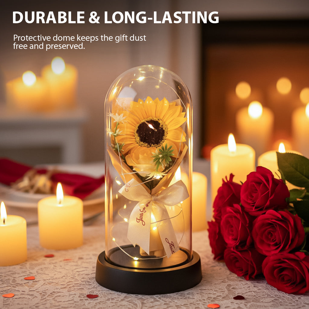 HindCraft Artificial Sunflower Glass Dome with LED Lights for Home Décor & Gifting