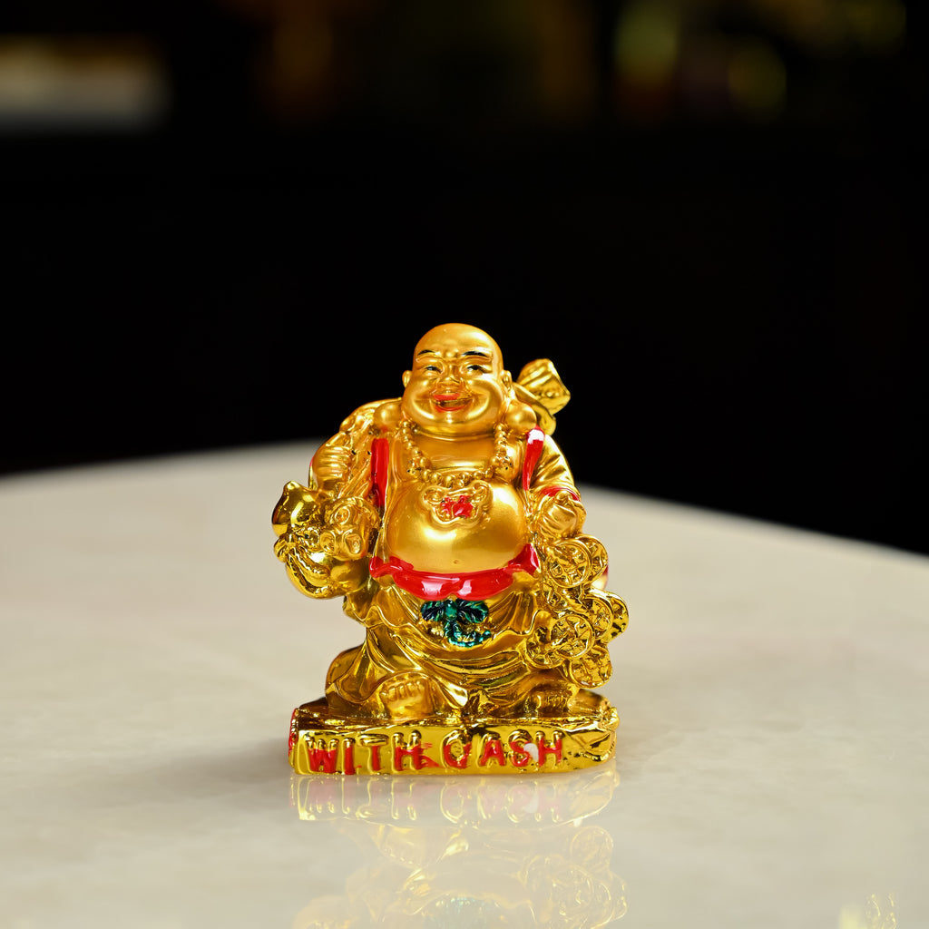 HindCraft Golden Laughing Buddha with Cash & Coins Showpiece for Home and Office Décor