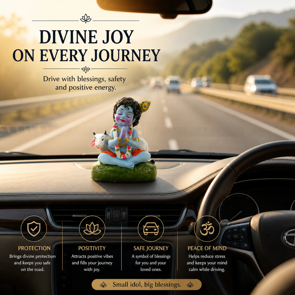 HindCraft Bal Krishna Praying Idol with Cow | Cute Baby Krishna Resin Showpiece for Home Temple, Car Dashboard & Office Décor