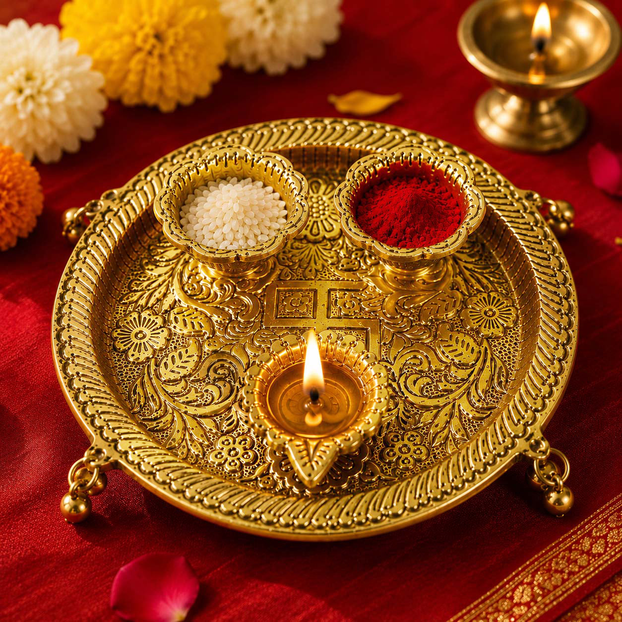 HindCraft Decorative Brass Pooja Thali Set with 3 Bowls for Home Temple, Aarti, Festivals & Religious Ceremonies