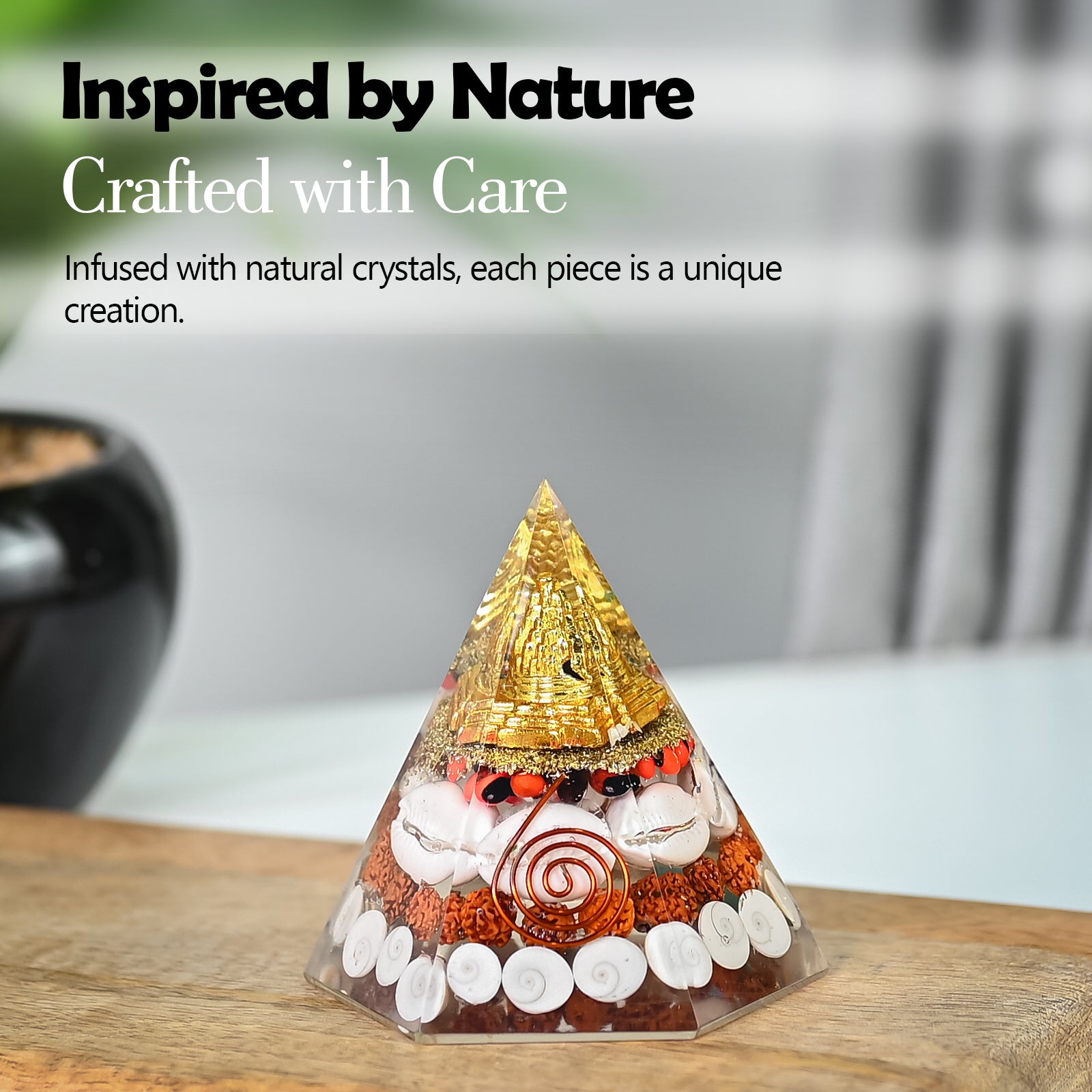 HindCraft Lakshmi Shree Yantra Orgonite Pyramid with Gomti Chakra, Rudraksha, Kaudi Shells and Copper Coil for Vastu Home Décor