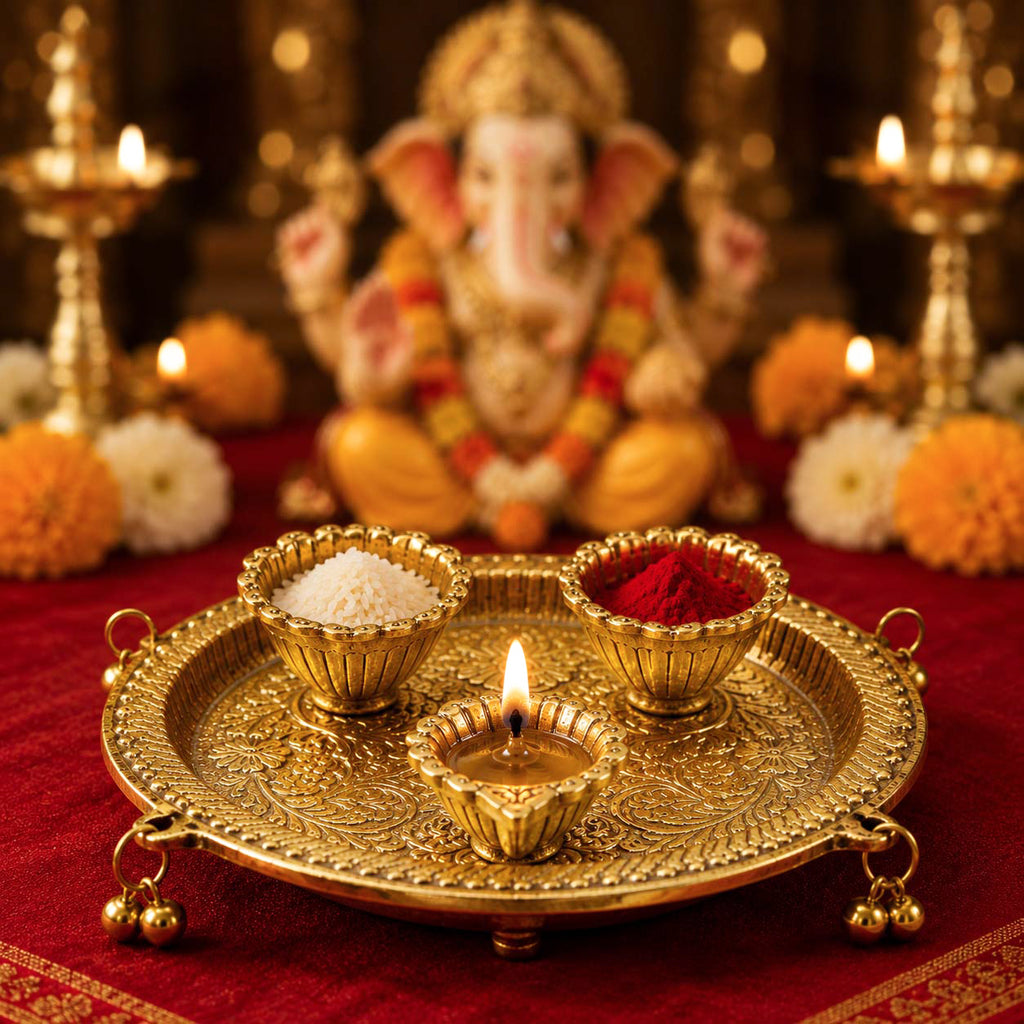 HindCraft Decorative Brass Pooja Thali Set with 3 Bowls for Home Temple, Aarti, Festivals & Religious Ceremonies
