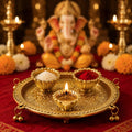 HindCraft Decorative Brass Pooja Thali Set with 3 Bowls for Home Temple, Aarti, Festivals & Religious Ceremonies