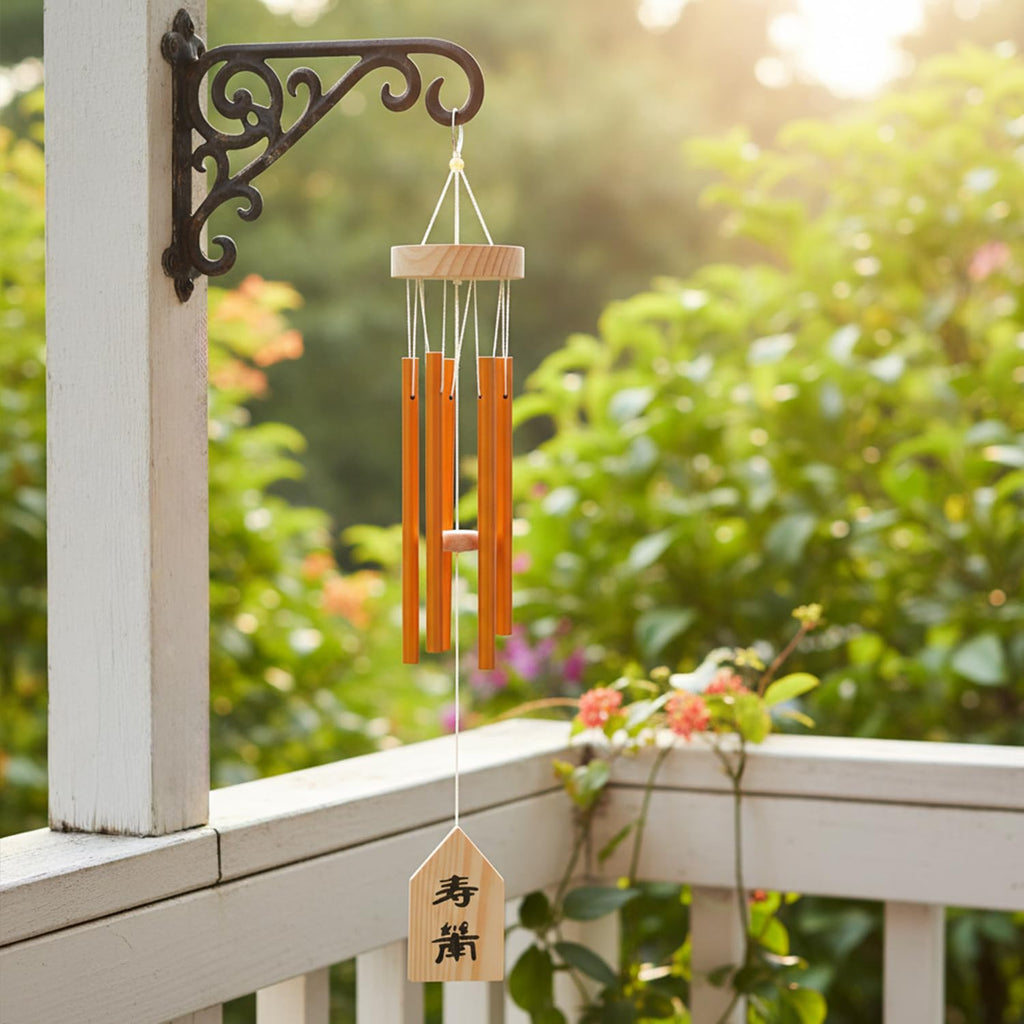 HindCraft Golden Metal Wind Chime with Wooden Top for Home & Garden Decor