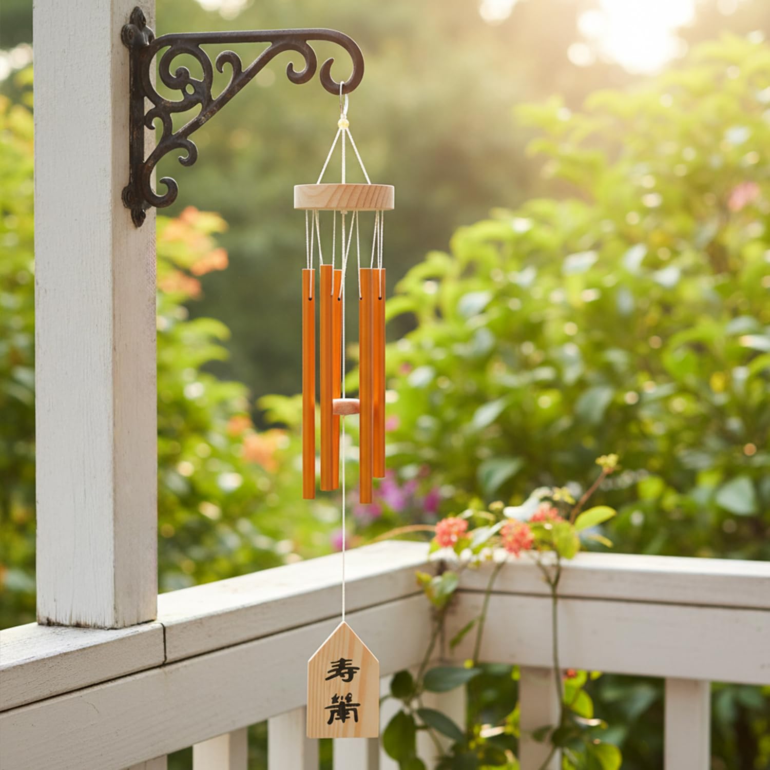 HindCraft Golden Metal Wind Chime with Wooden Top for Home & Garden Decor