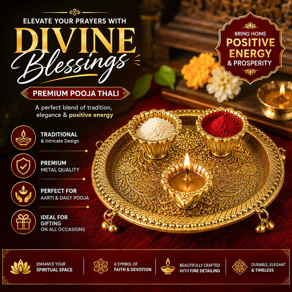 HindCraft Decorative Brass Pooja Thali Set with 3 Bowls for Home Temple, Aarti, Festivals & Religious Ceremonies