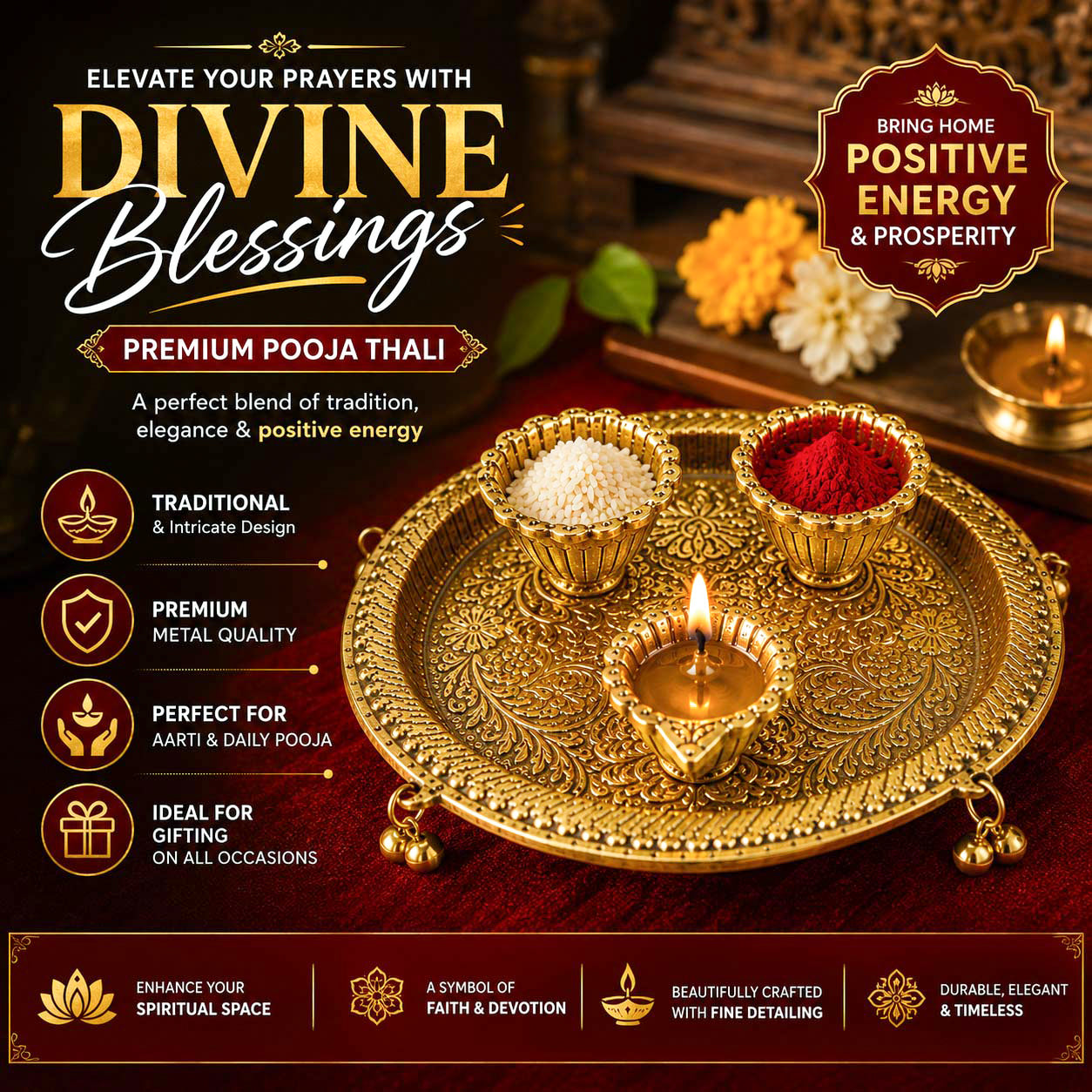 HindCraft Decorative Brass Pooja Thali Set with 3 Bowls for Home Temple, Aarti, Festivals & Religious Ceremonies