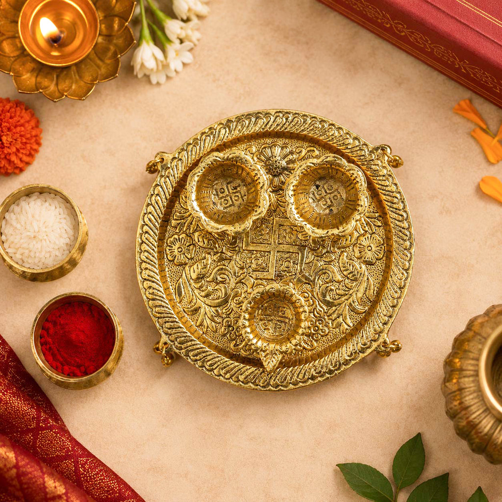 HindCraft Decorative Brass Pooja Thali Set with 3 Bowls for Home Temple, Aarti, Festivals & Religious Ceremonies