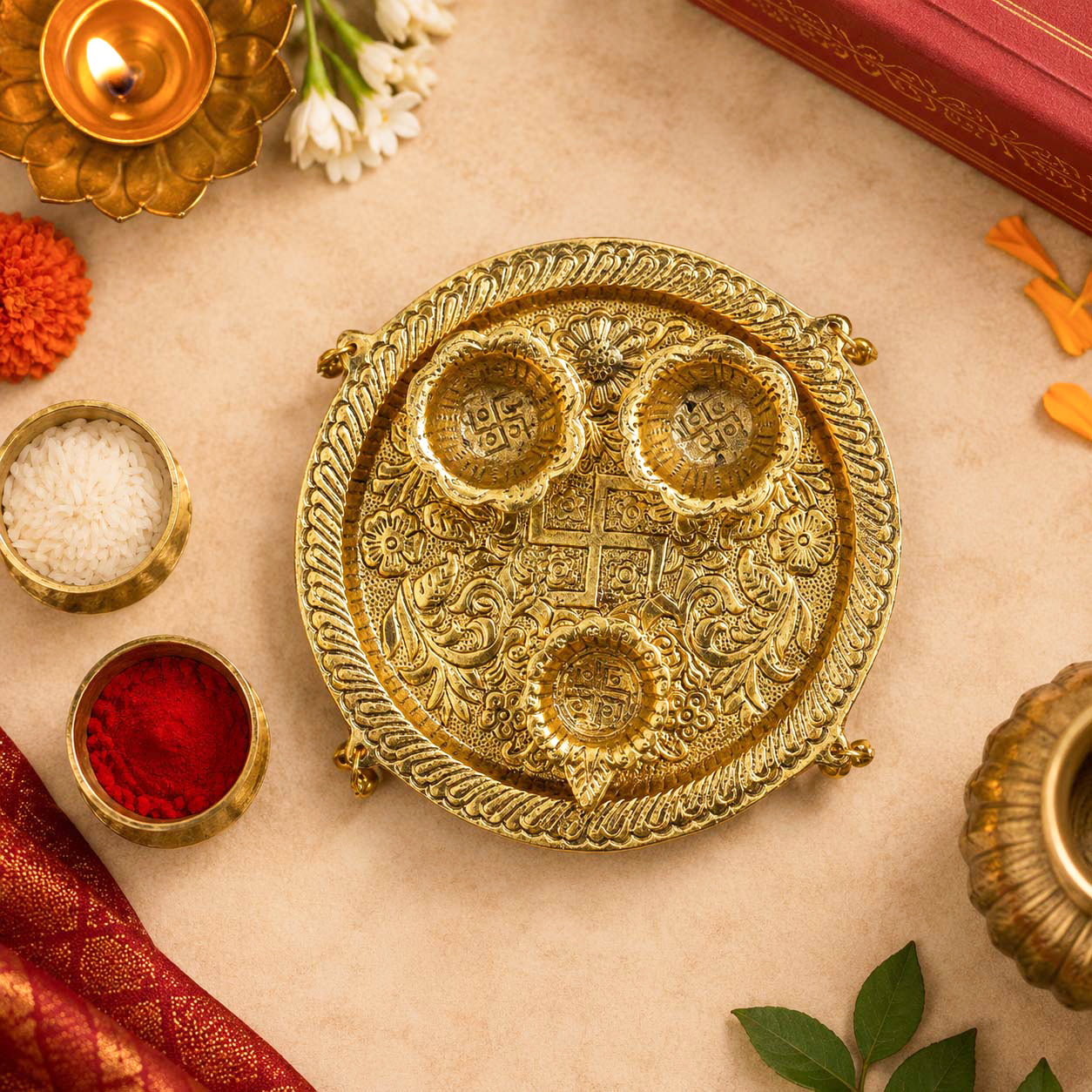 HindCraft Decorative Brass Pooja Thali Set with 3 Bowls for Home Temple, Aarti, Festivals & Religious Ceremonies