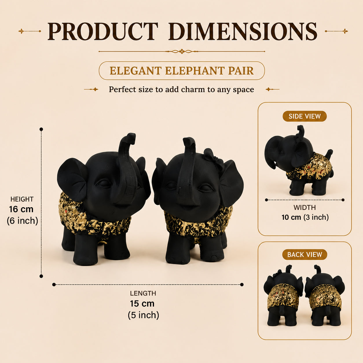 HindCraft Black Elephant Showpiece Set of 2 | Decorative Elephant Figurines for Home, Office & Living Room Decor