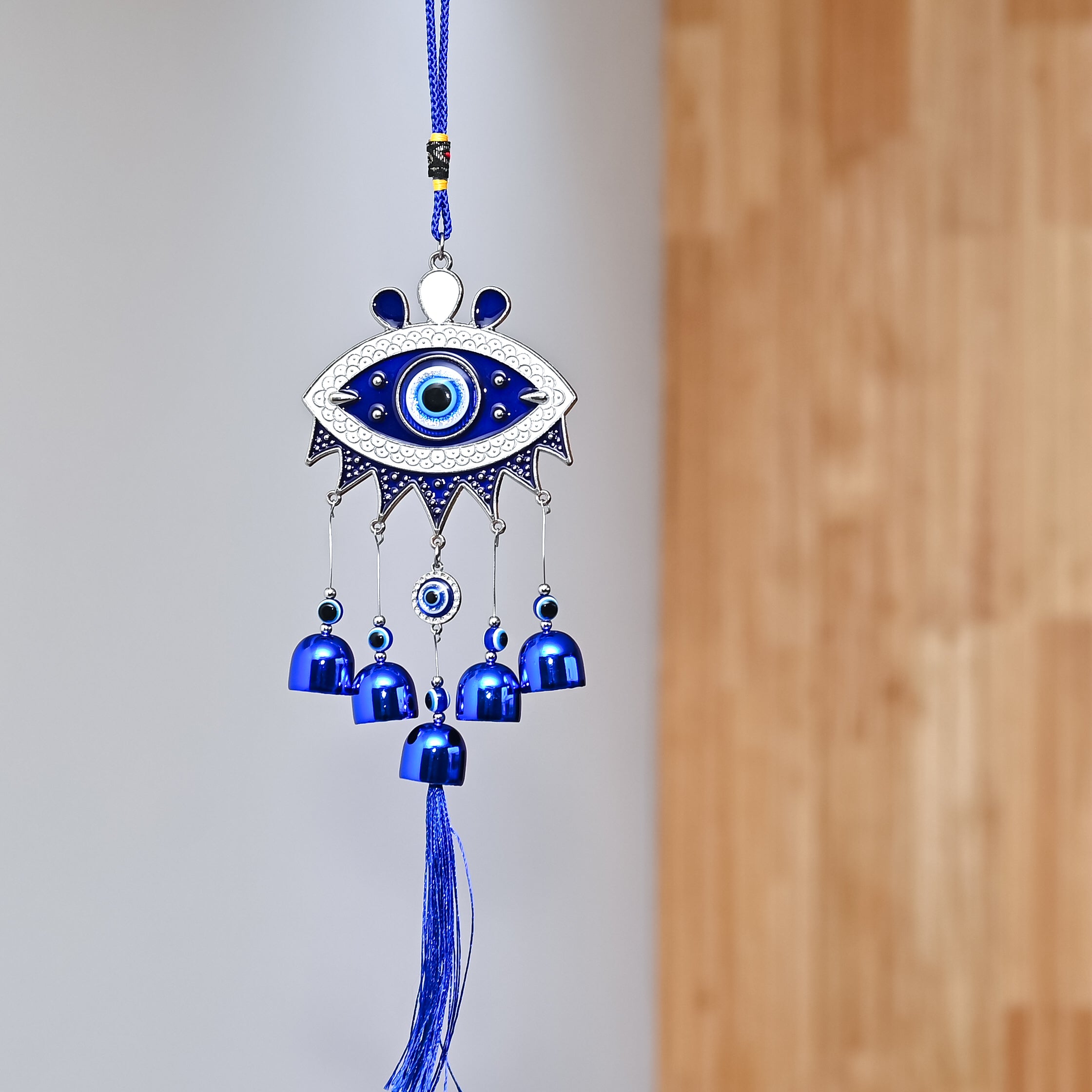 HindCraft Hamsa Evil Eye Hanging with Blue Bells & Tassel | Turkish Nazar Wall & Door Decor