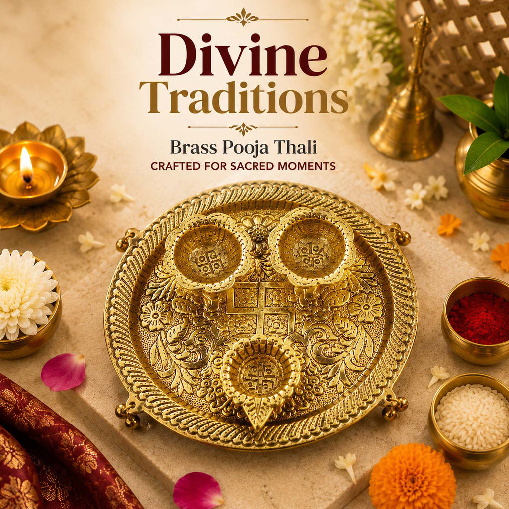 HindCraft Decorative Brass Pooja Thali Set with 3 Bowls for Home Temple, Aarti, Festivals & Religious Ceremonies