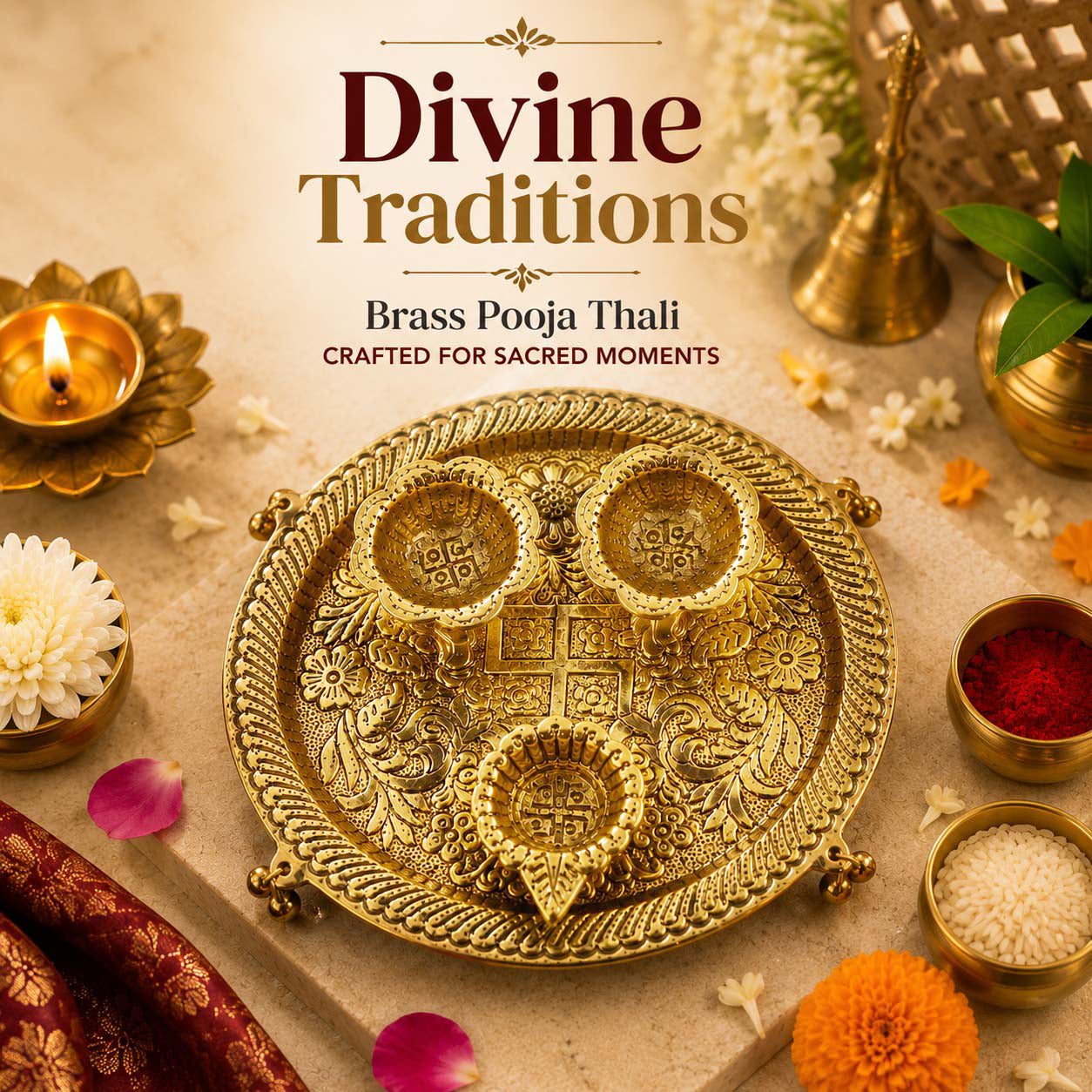 HindCraft Decorative Brass Pooja Thali Set with 3 Bowls for Home Temple, Aarti, Festivals & Religious Ceremonies