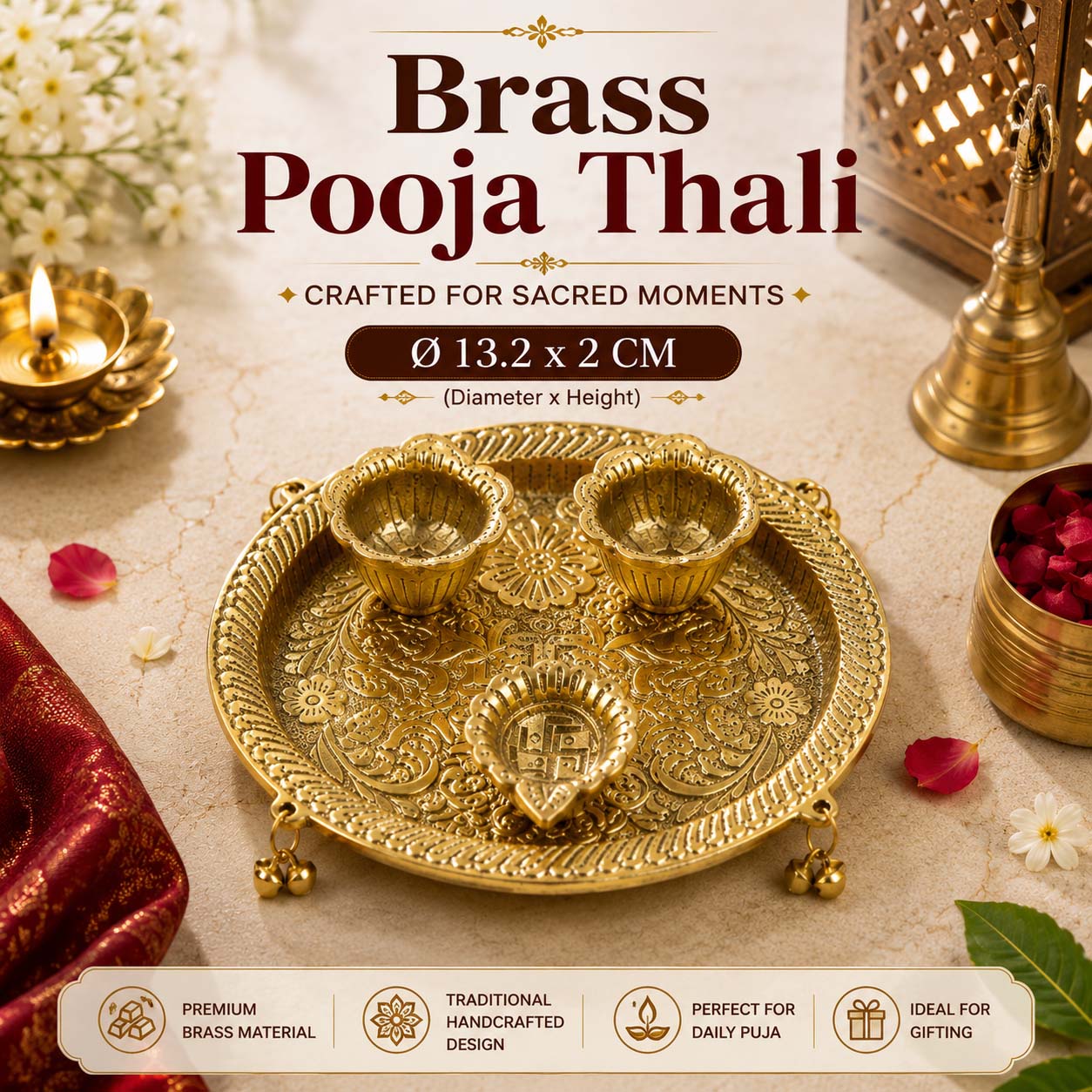 HindCraft Decorative Brass Pooja Thali Set with 3 Bowls for Home Temple, Aarti, Festivals & Religious Ceremonies