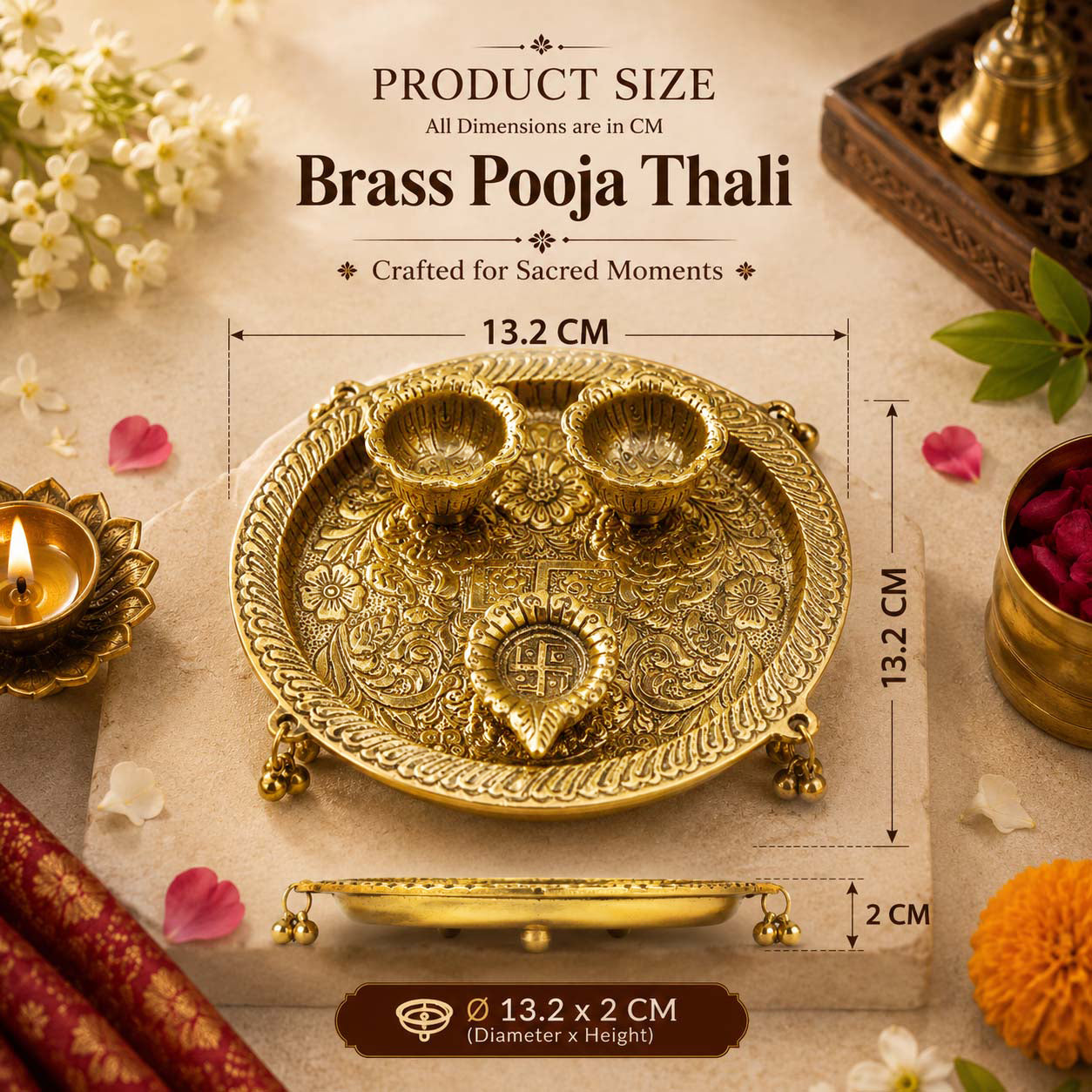 HindCraft Decorative Brass Pooja Thali Set with 3 Bowls for Home Temple, Aarti, Festivals & Religious Ceremonies