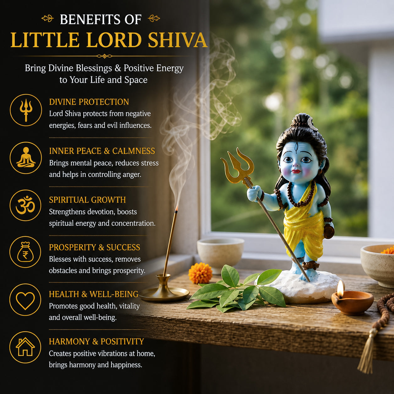 HindCraft Bal Shiv Idol with Trishul | Baby Lord Shiva Resin Showpiece for Home Temple, Office & Spiritual Décor