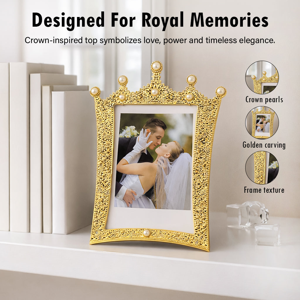 HindCraft Royal Crown Pearl Photo Frame | Luxury Golden Picture Frame for Wedding, Anniversary, Couple & Home Décor