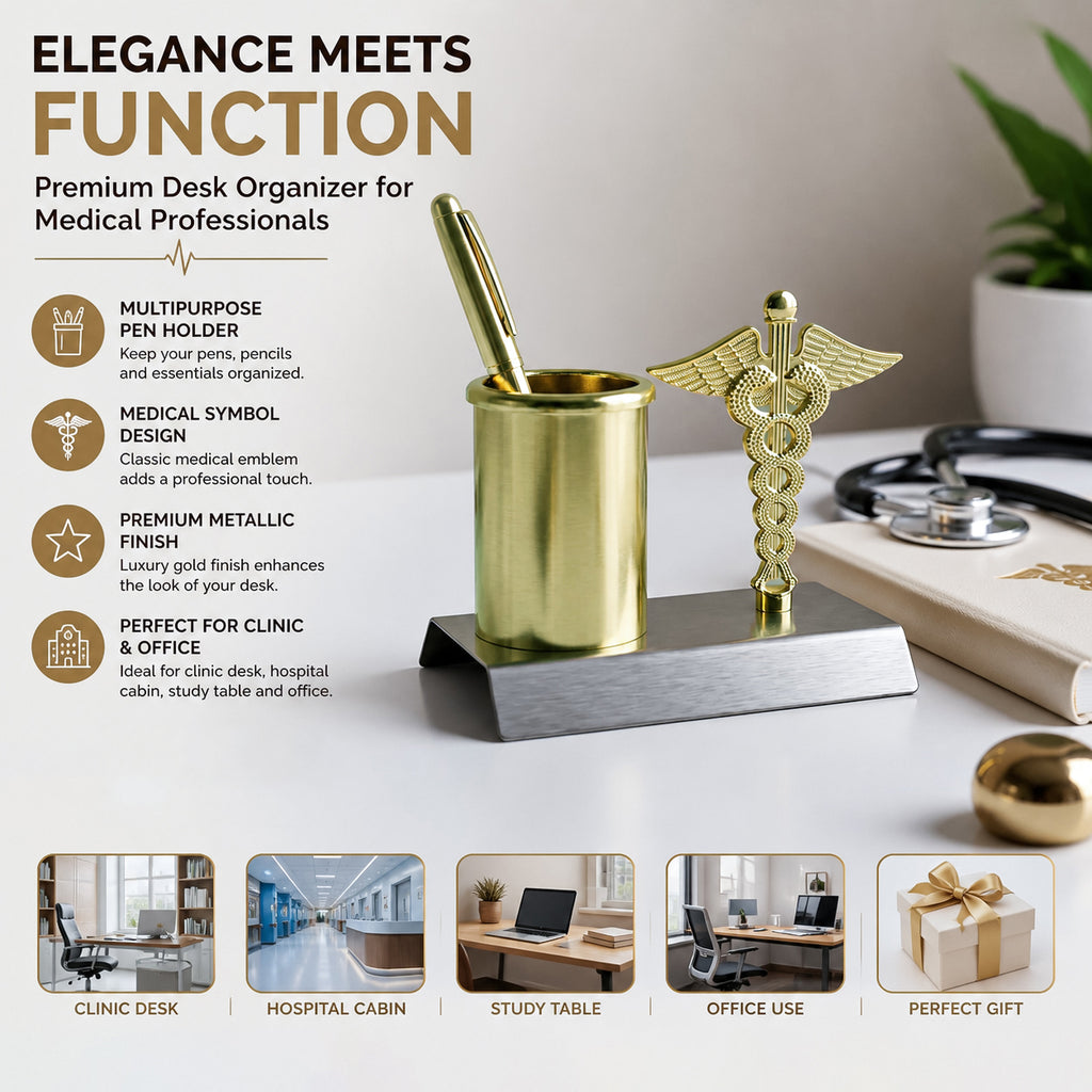 HindCraft Medical Caduceus Pen Stand for Desk | Gold Metal Doctor Pen Holder & Office Desk Organizer