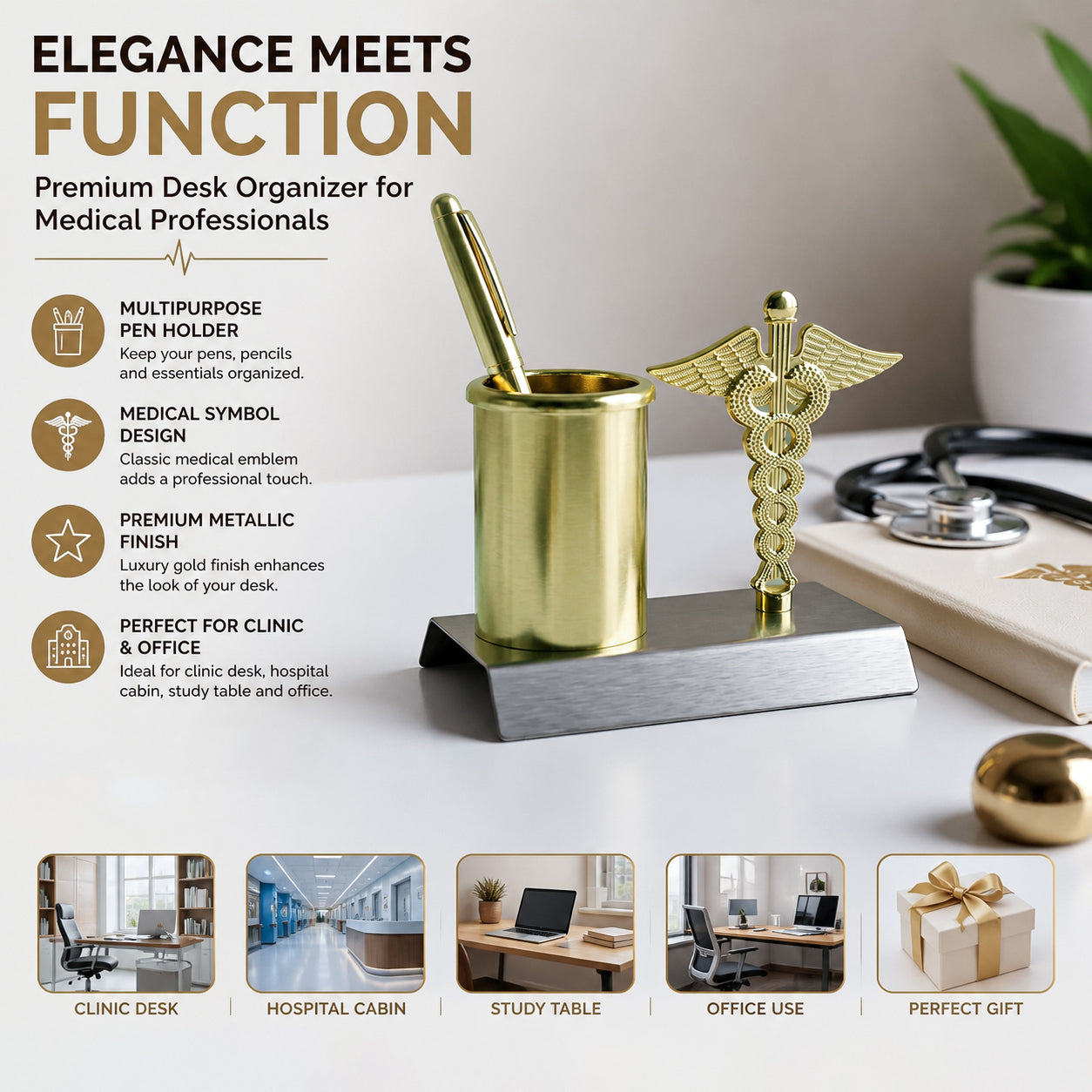HindCraft Medical Caduceus Pen Stand for Desk | Gold Metal Doctor Pen Holder & Office Desk Organizer