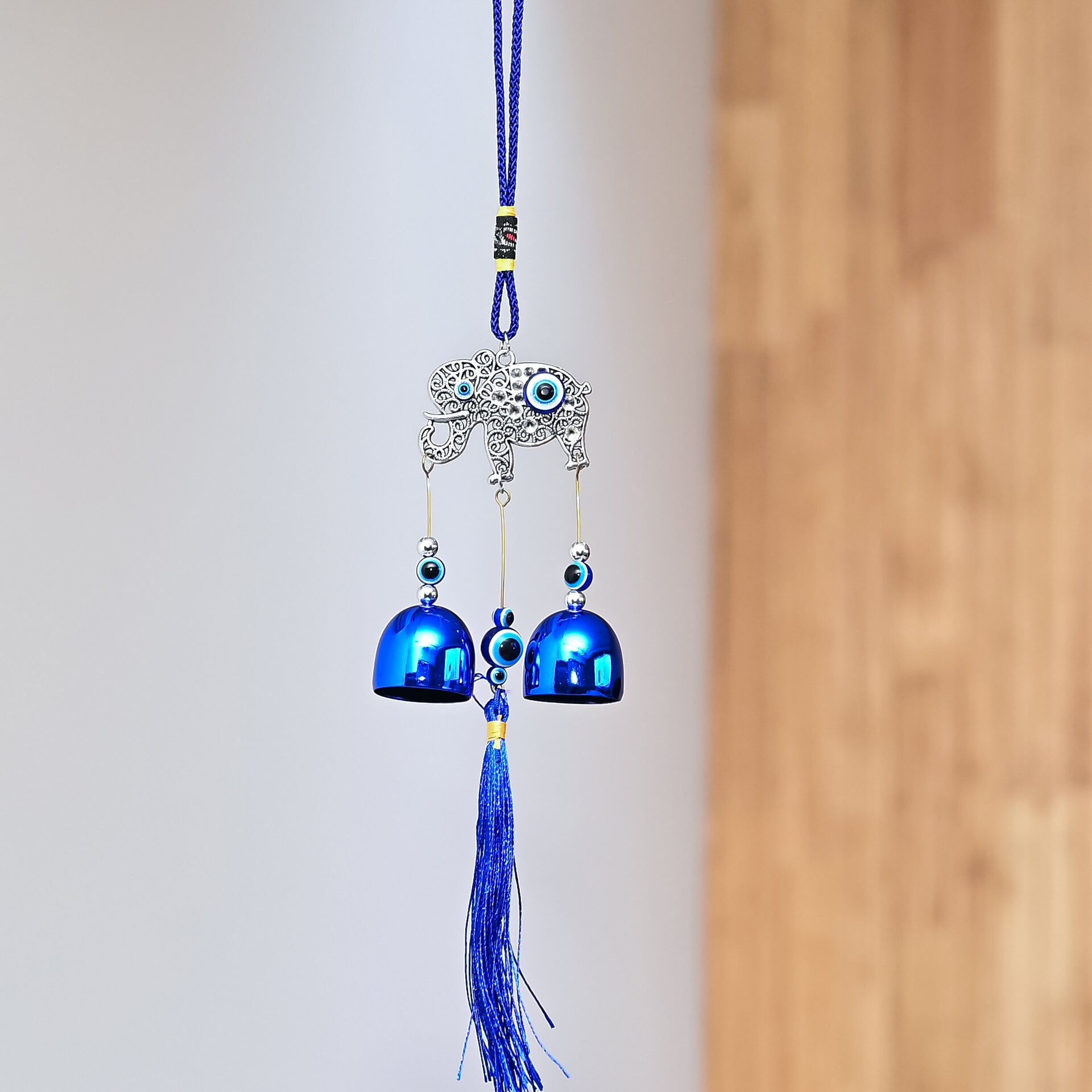 HindCraft Elephant Evil Eye Hanging with Blue Bells & Tassel | Turkish Nazar Wall & Door Decor