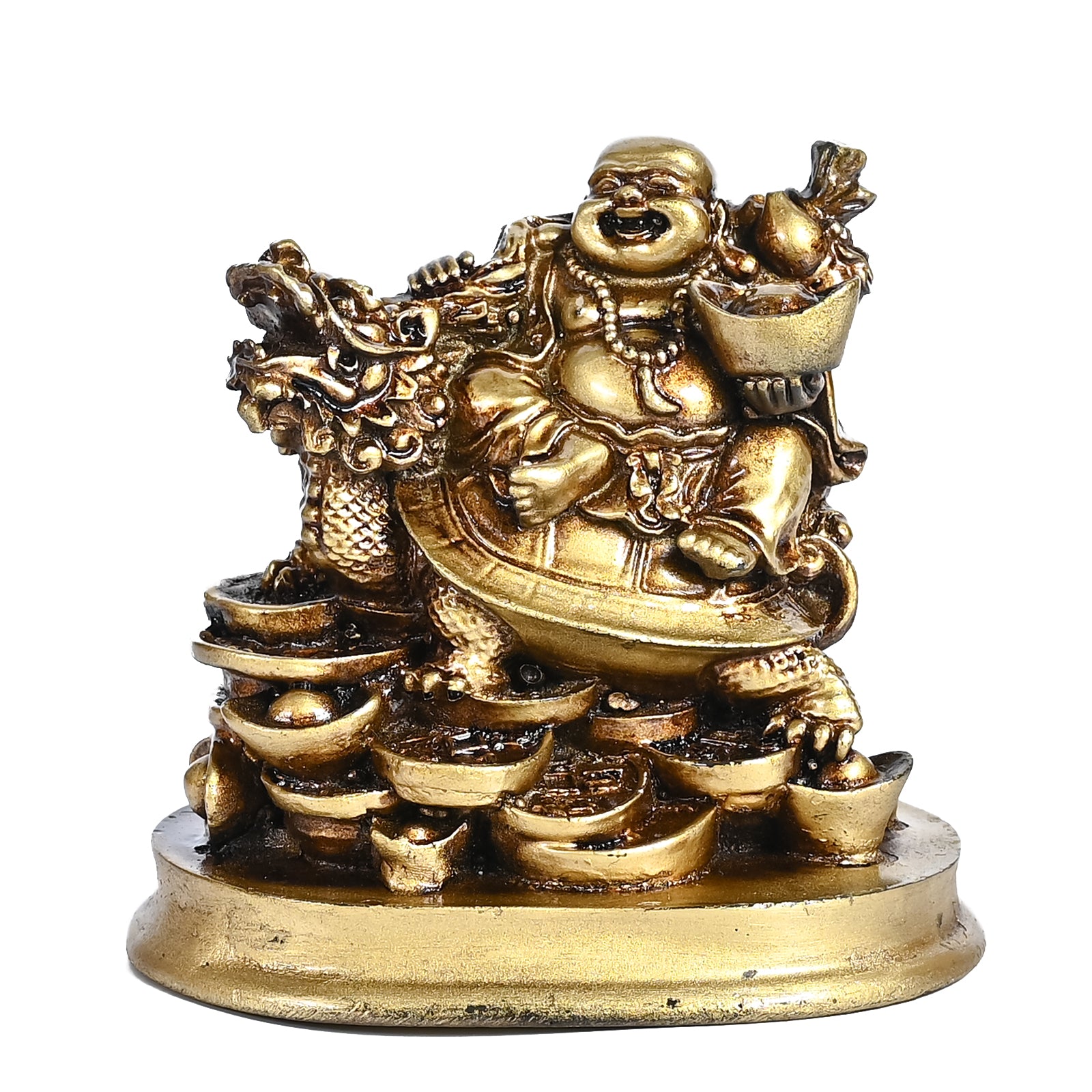HindCraft Golden Laughing Buddha on Dragon Turtle with Wealth Ingots for Home, Office, Shop & Business Décor