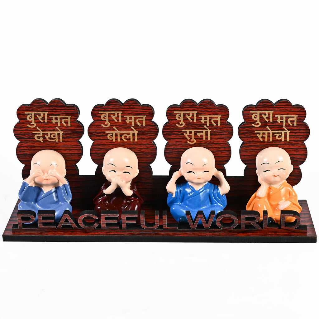 HindCraft Peaceful World Four Monk Showpiece with Hindi Quotes for Home Décor