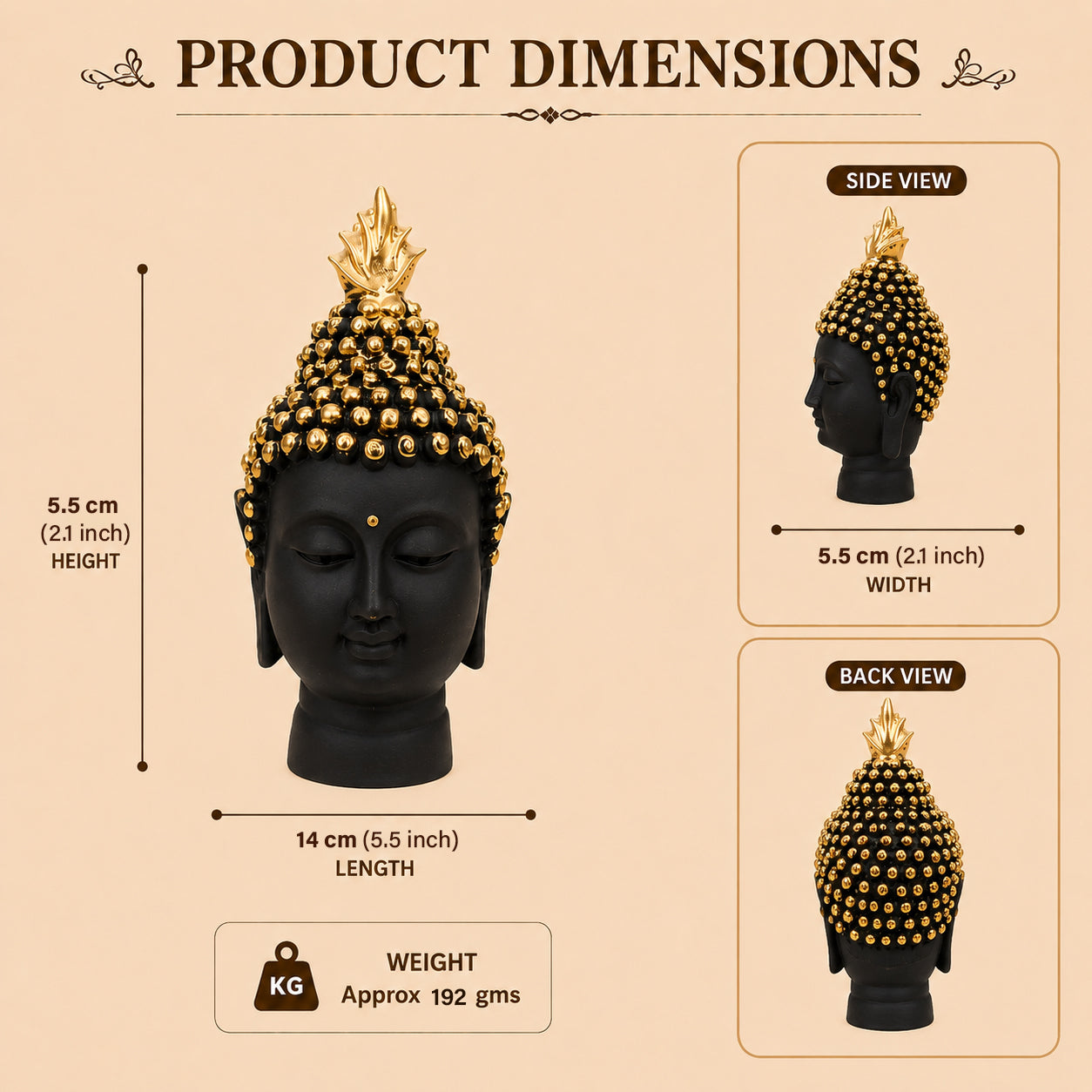 HindCraft Black Buddha Head Statue for Home Decor & Office Display