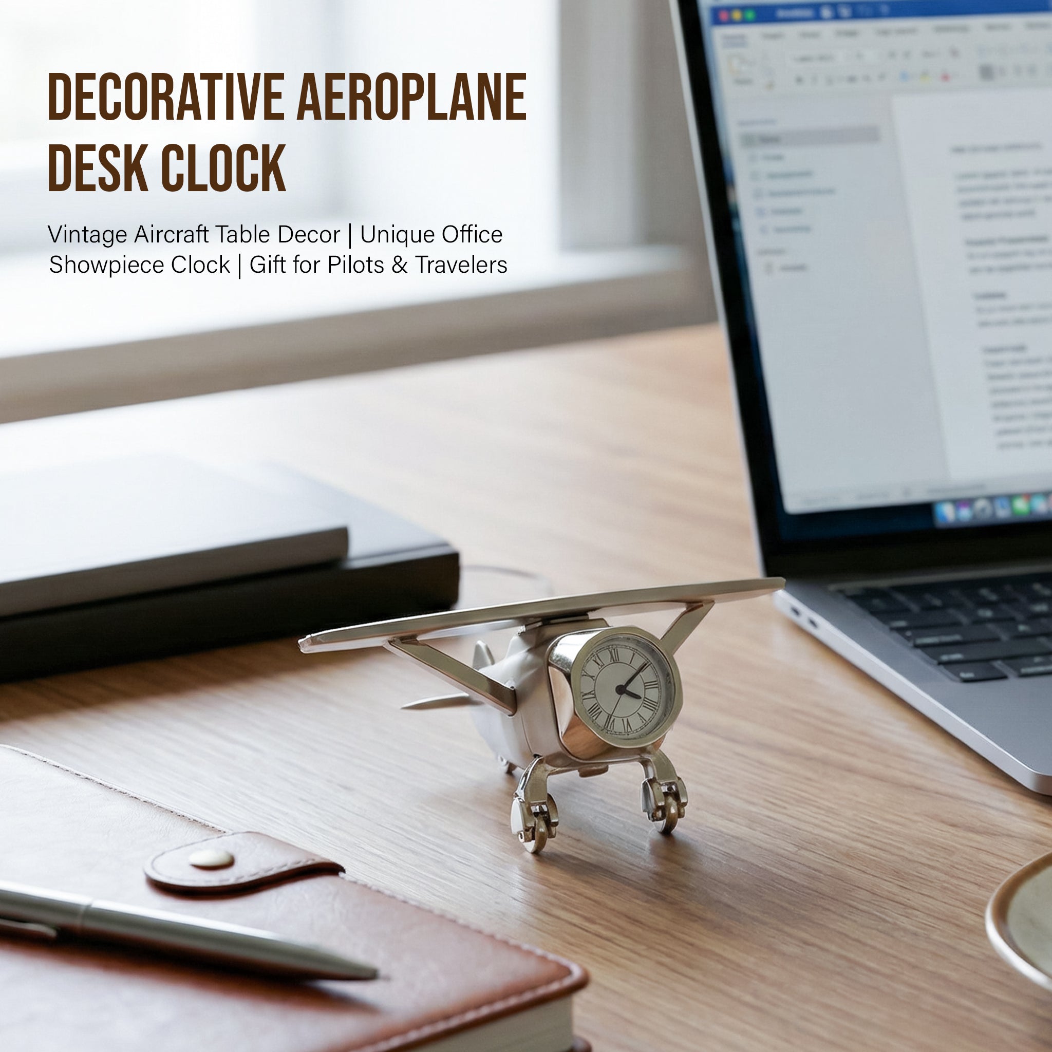 HindCraft Metal Aeroplane Table Clock with Roman Dial for Home & Office Décor