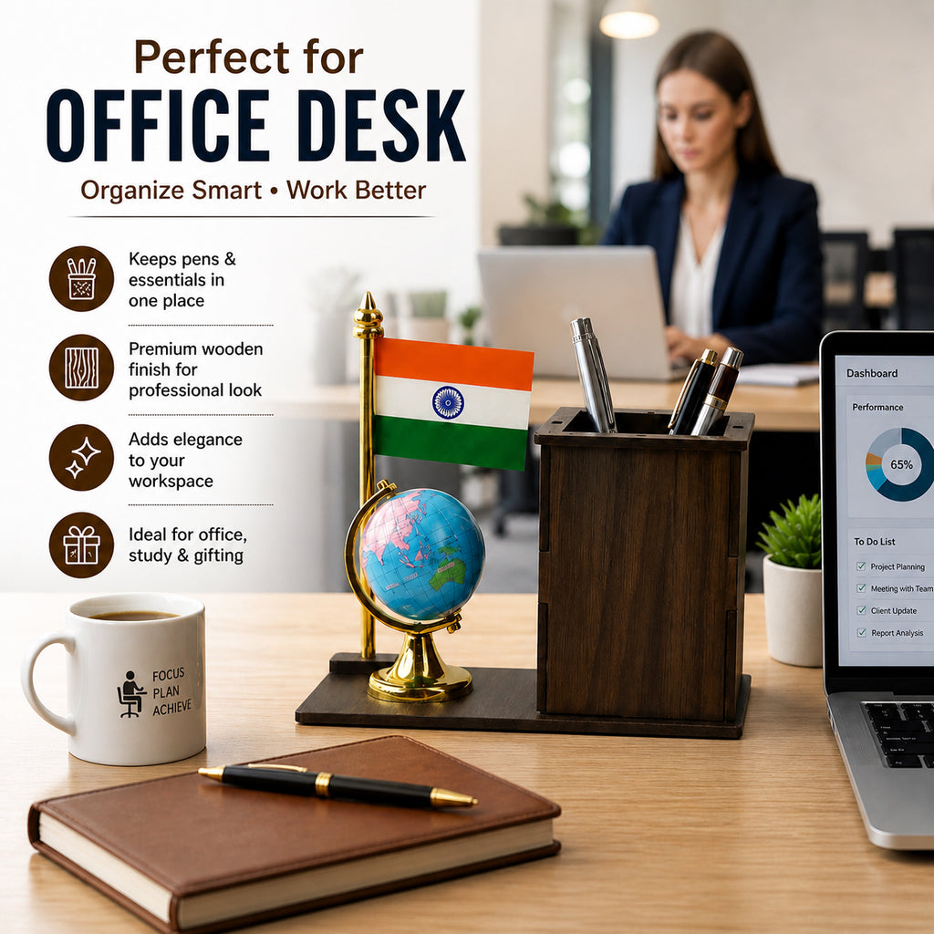 HindCraft Wooden Pen Stand with Indian Flag & Mini Globe | Office Desk Organizer for Home, School & Study Table