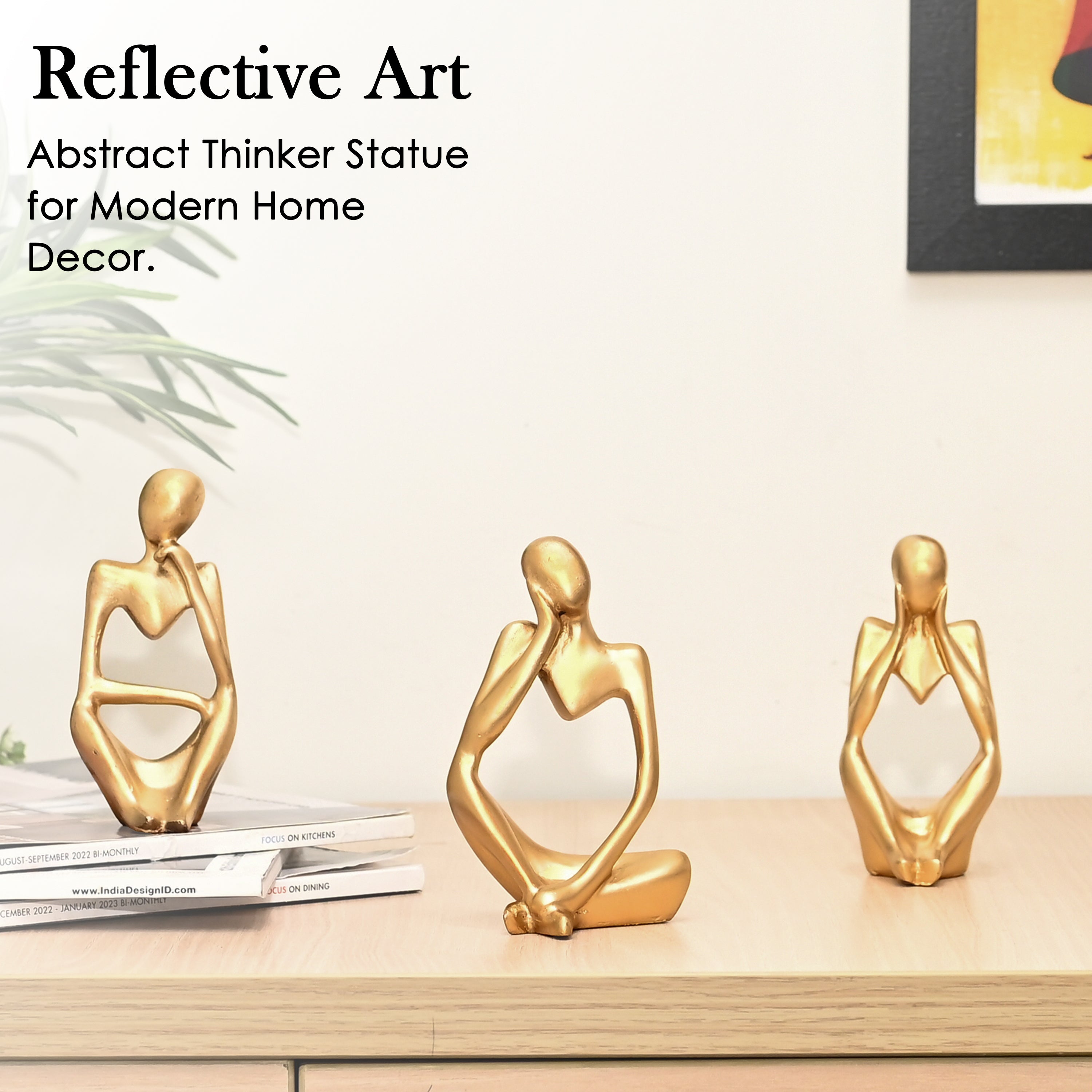 HindCraft Thinker Men Statue Set of 3 Golden Decorative Showpieces